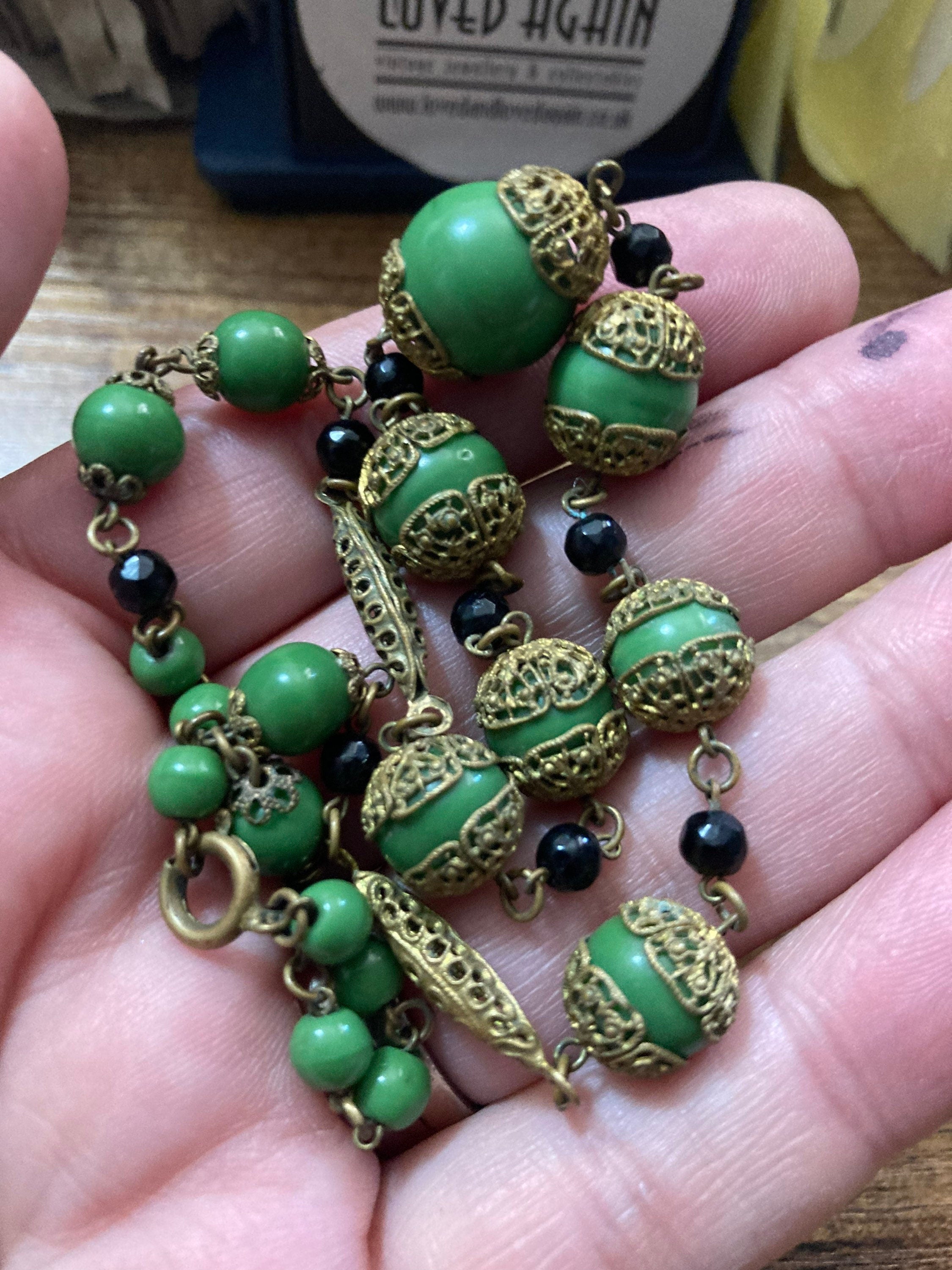 Art Deco czech gold tone brass filigree green ceramic beaded necklace 41cm