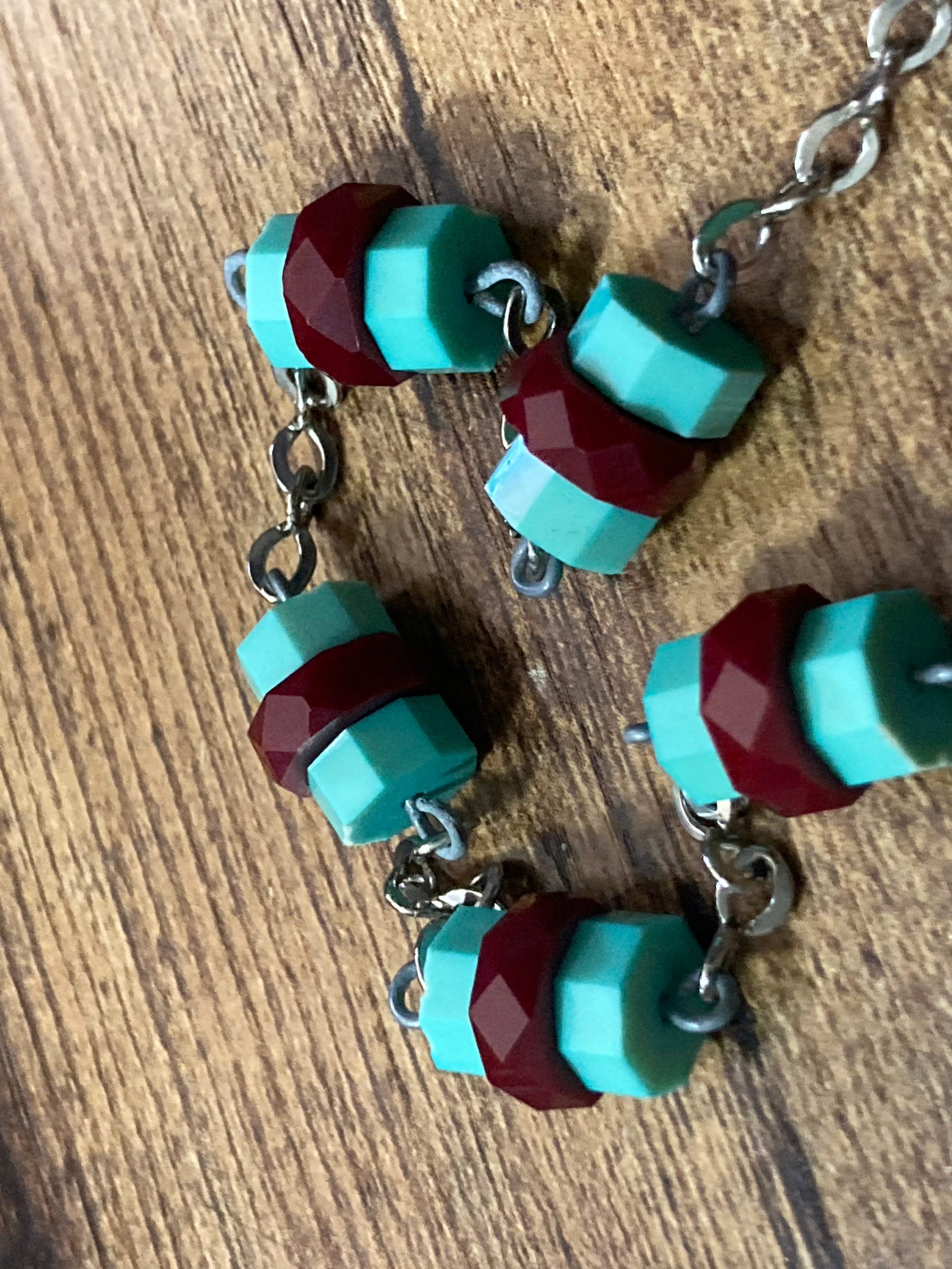 Vintage Art Deco necklace with galalith period carmine red and turquoise rondelle beads old shop stock