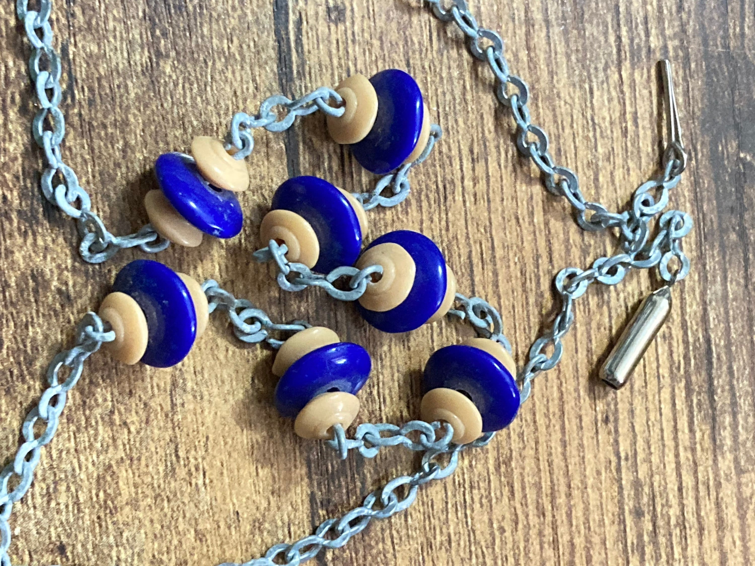 For restringing Vintage Art Deco galalith necklace blue and beige rondelle beads old shop stock