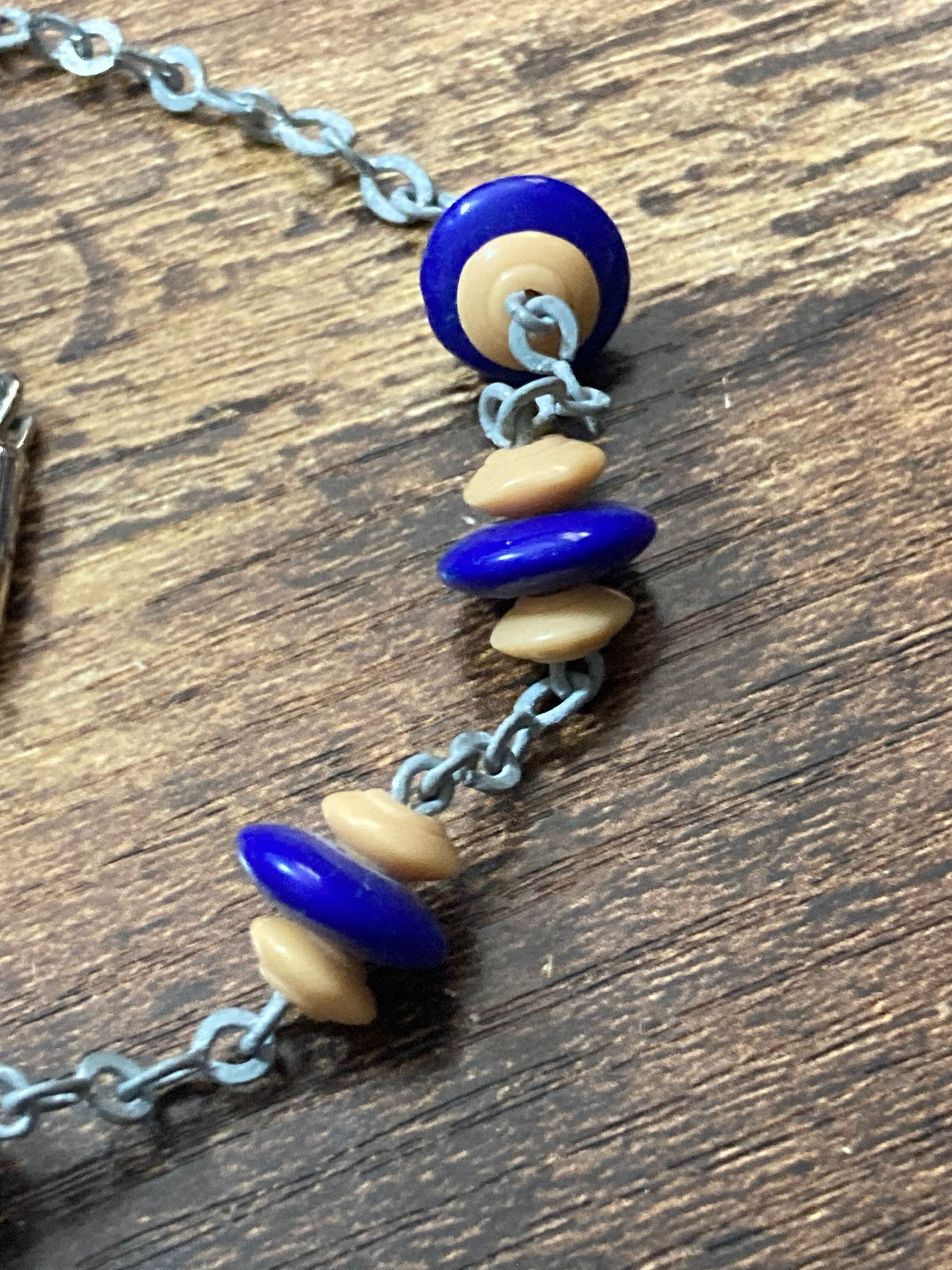 For restringing Vintage Art Deco galalith necklace blue and beige rondelle beads old shop stock