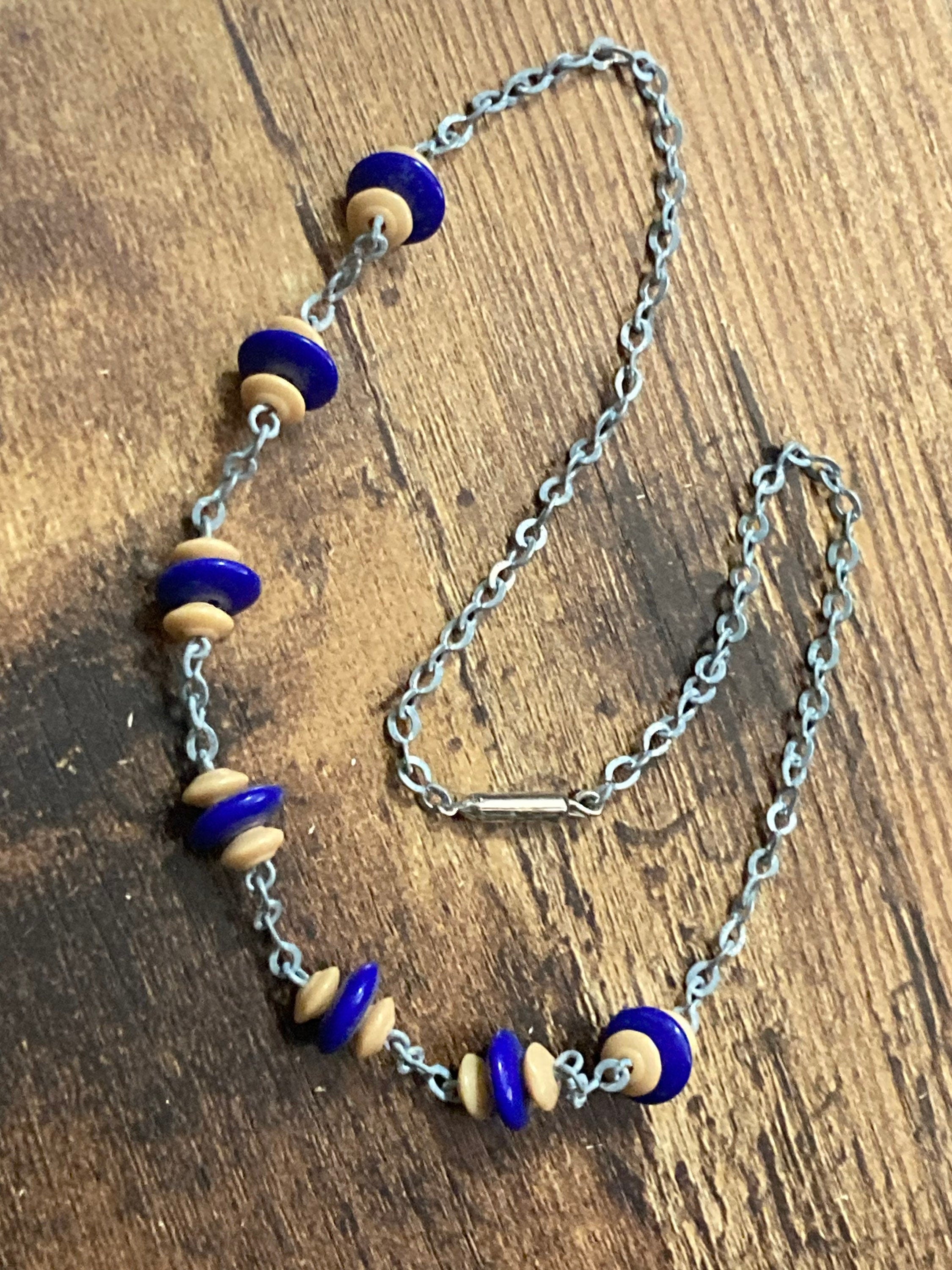 For restringing Vintage Art Deco galalith necklace blue and beige rondelle beads old shop stock