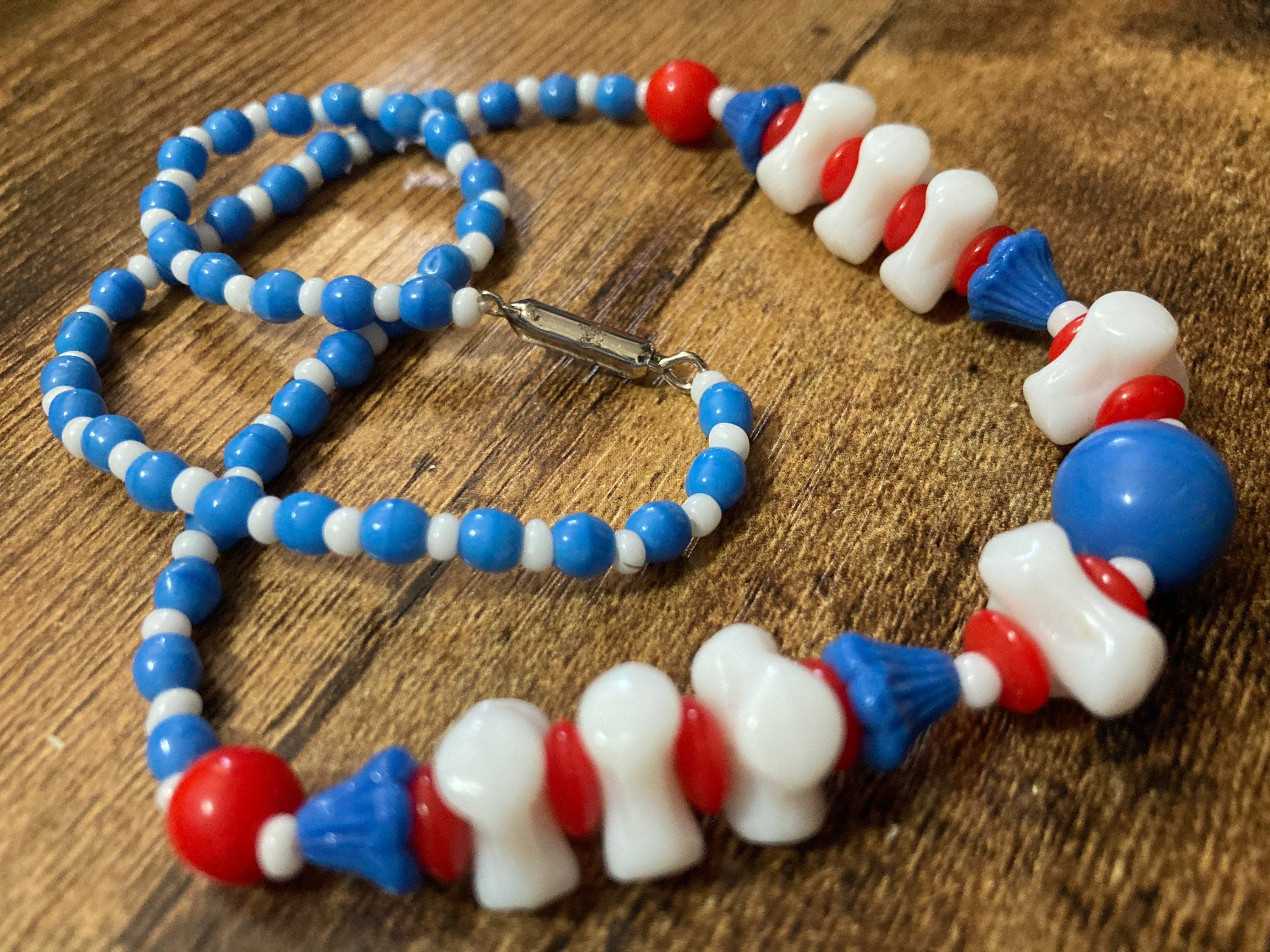 True Vintage Czech glass beaded necklace with red white and blue beads old shop stock