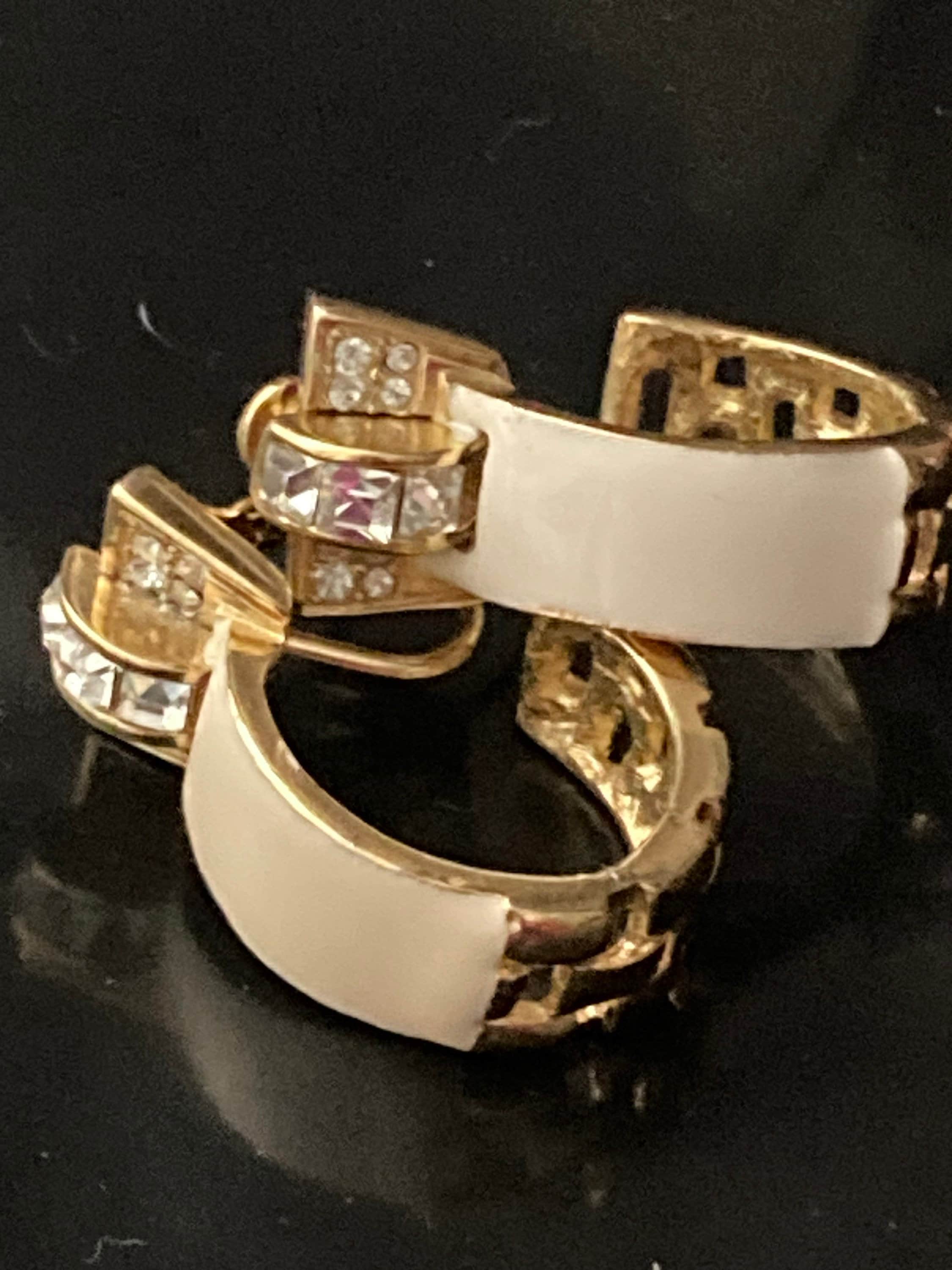 Signed Givenchy cream enamel diamanté gold hoop clip on earrings