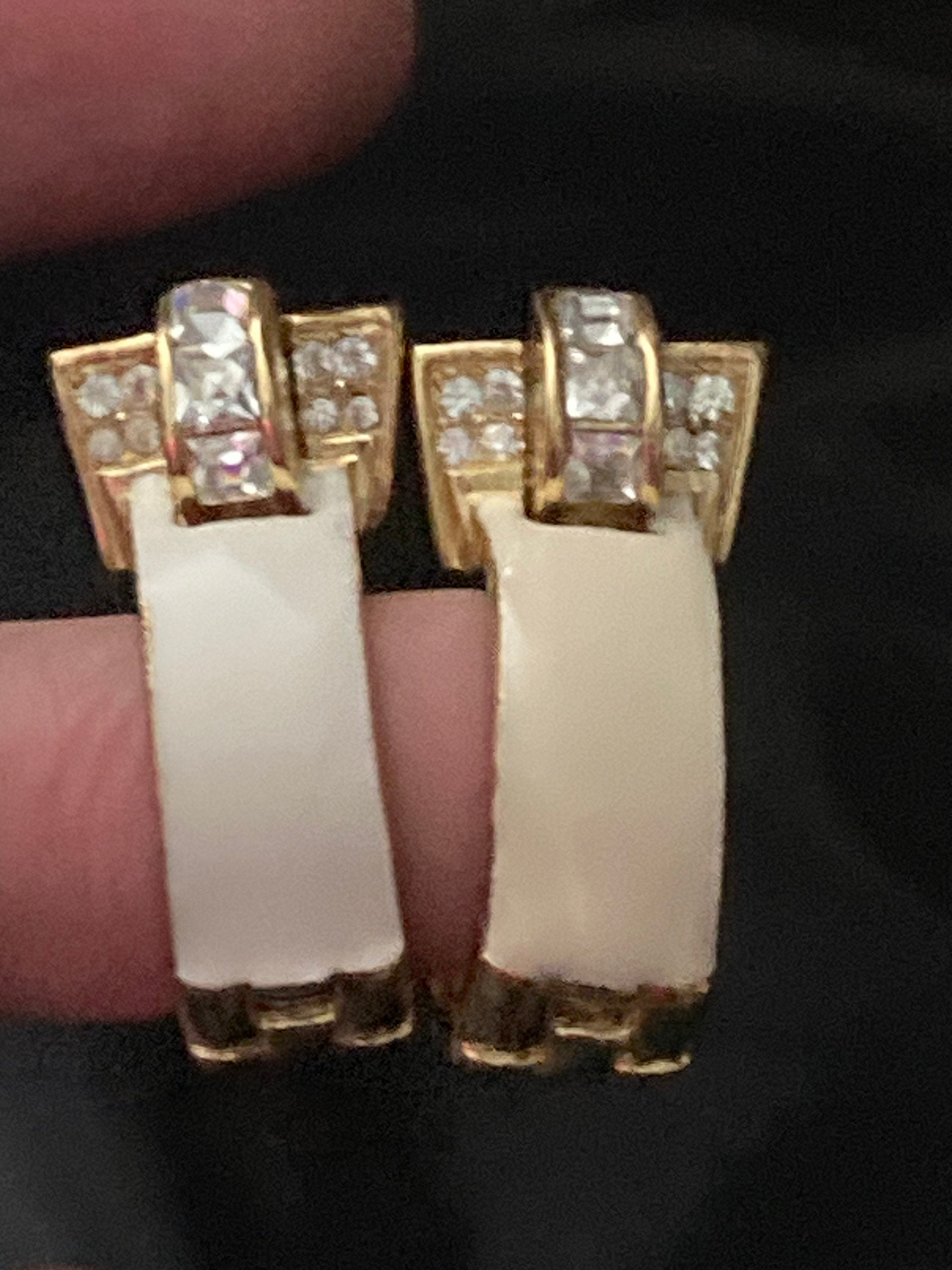Signed Givenchy cream enamel diamanté gold hoop clip on earrings