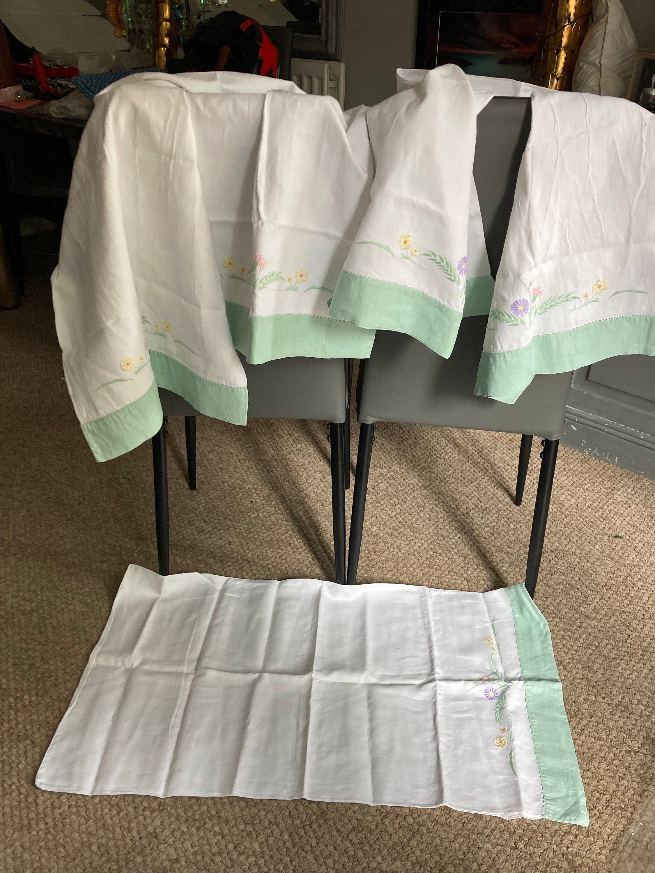 Vintage Embroidered Floral Pillowcase Set: Green & Yellow Cotton