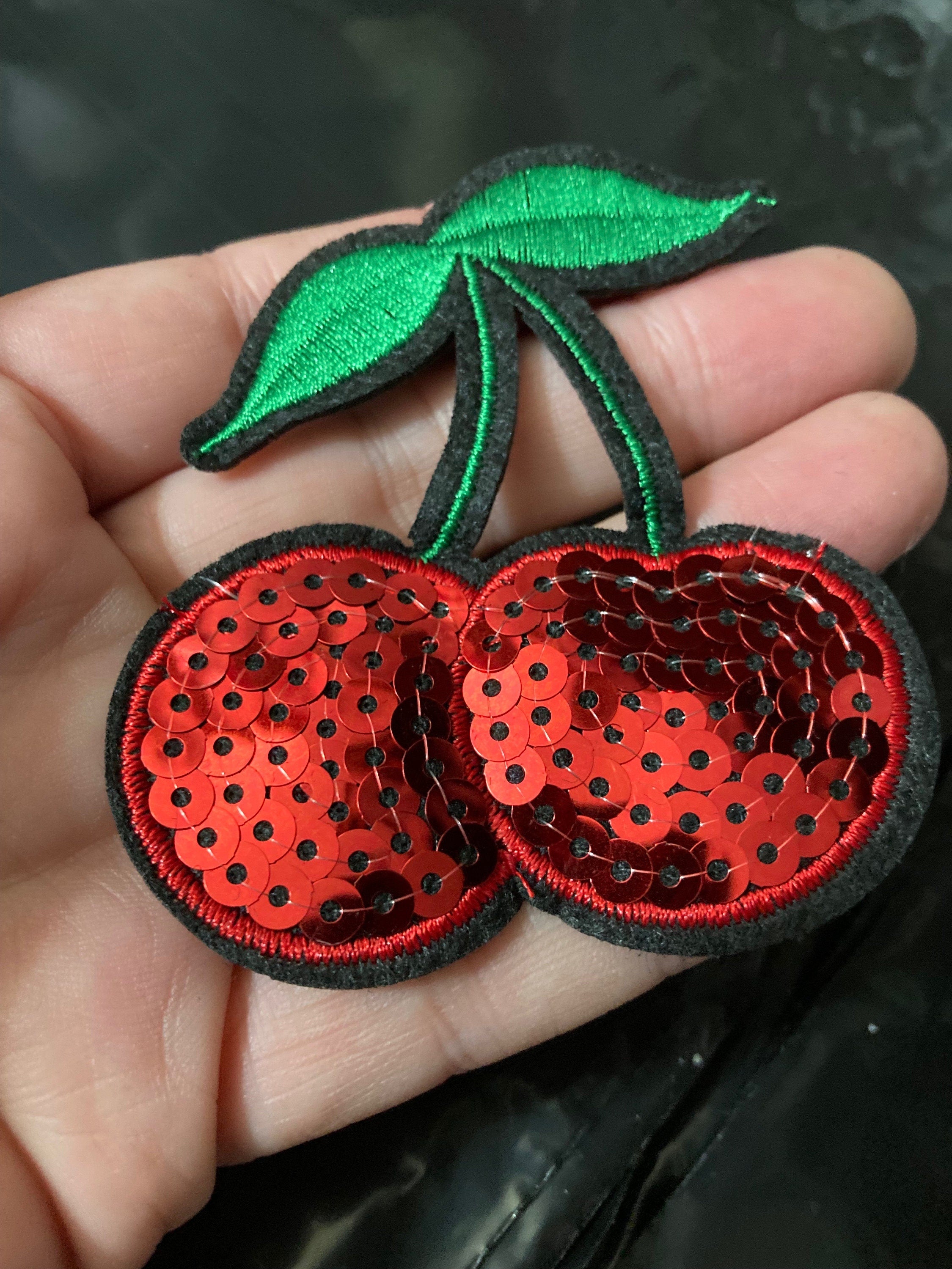 iron on cherry patch 7 x 6cm red green sequins