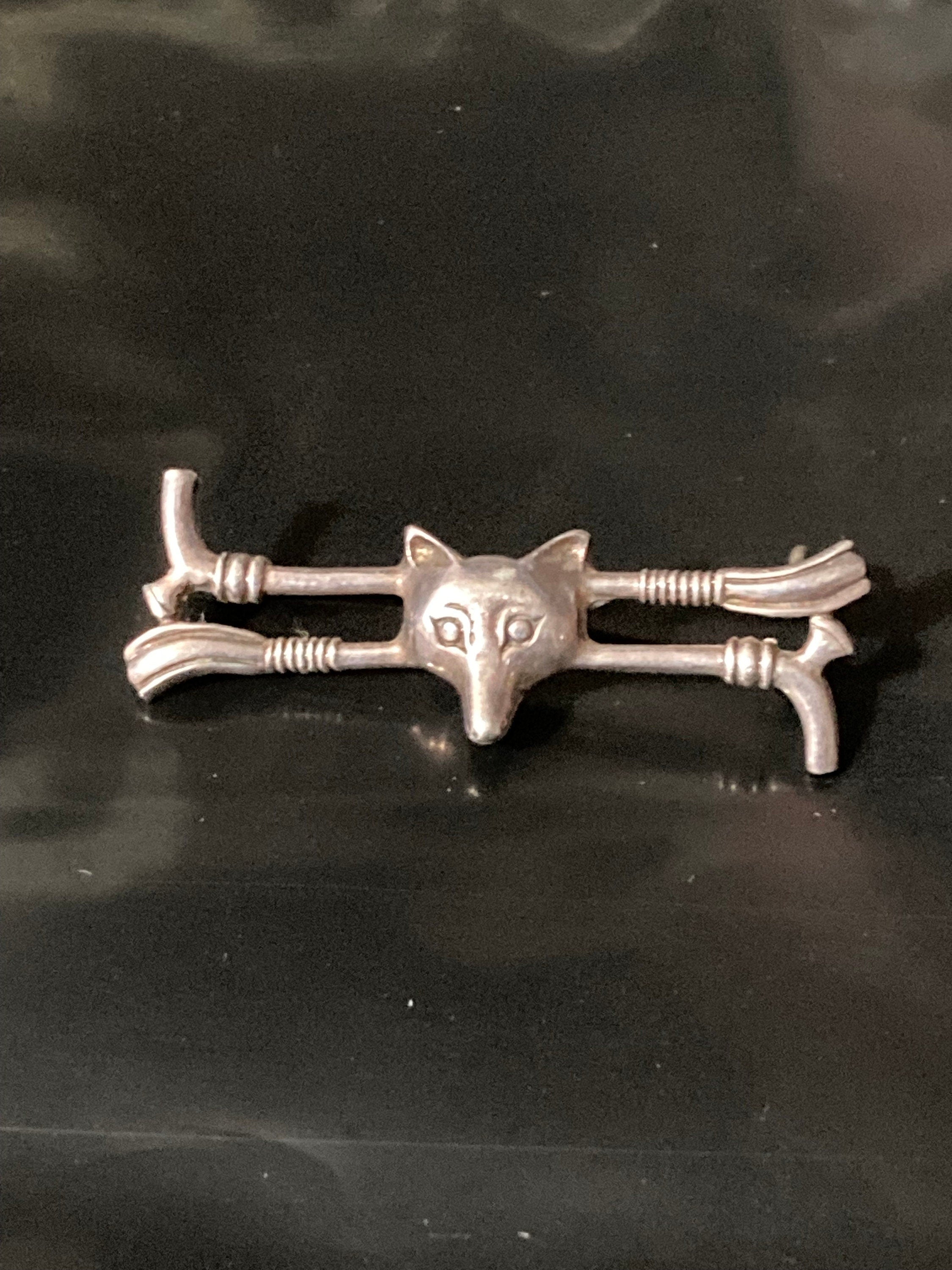 Vintage fox head bar brooch 925 sterling silver