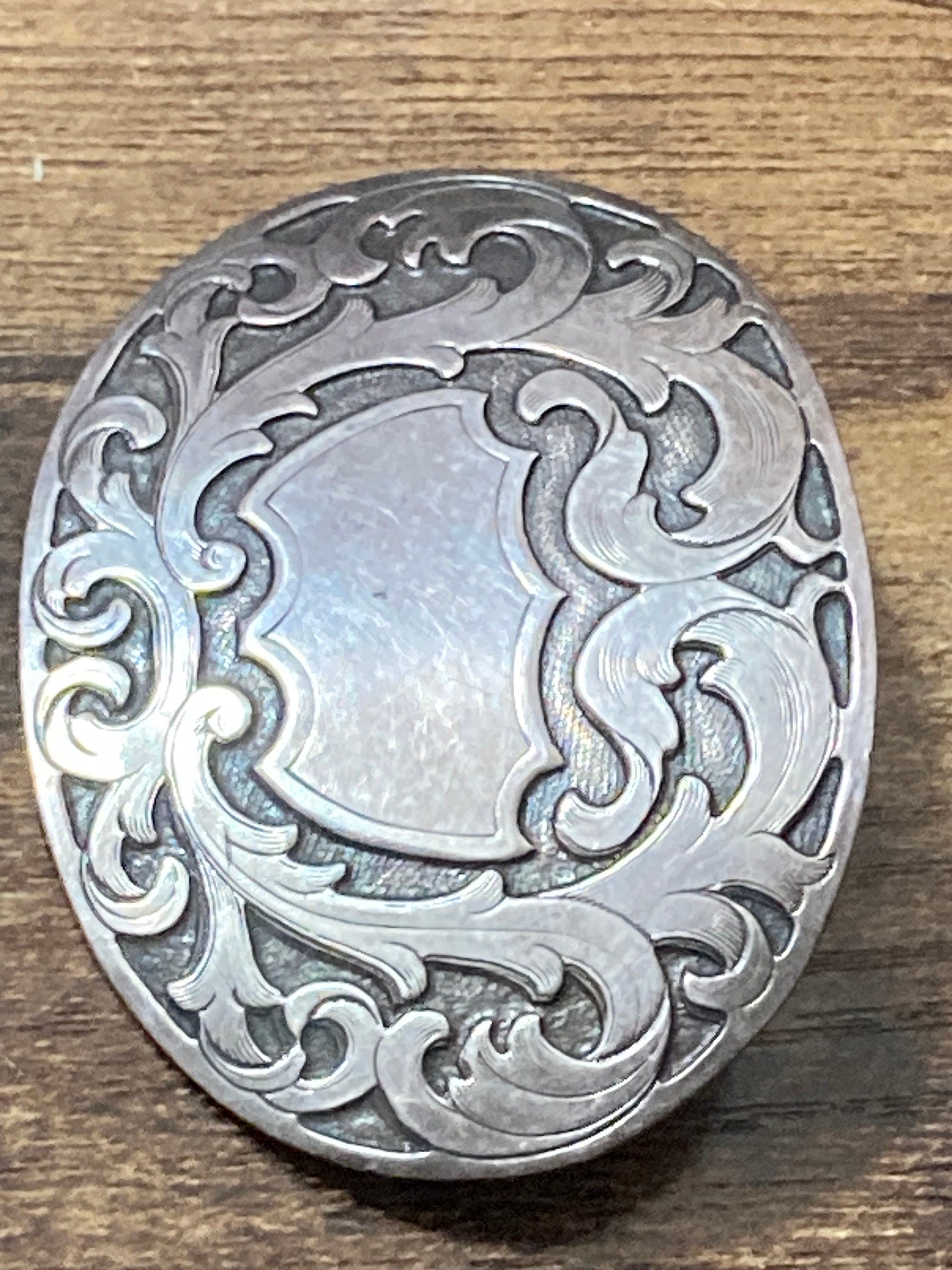 Large antique 925 silver Edwardian oval etched brooch for monogram