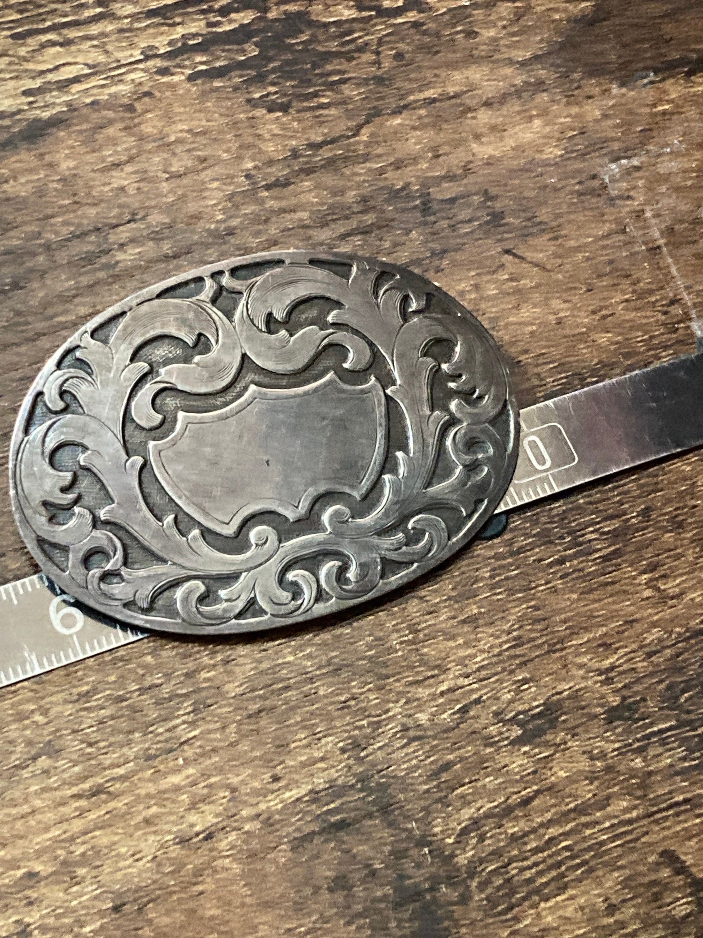 Large antique 925 silver Edwardian oval etched brooch for monogram