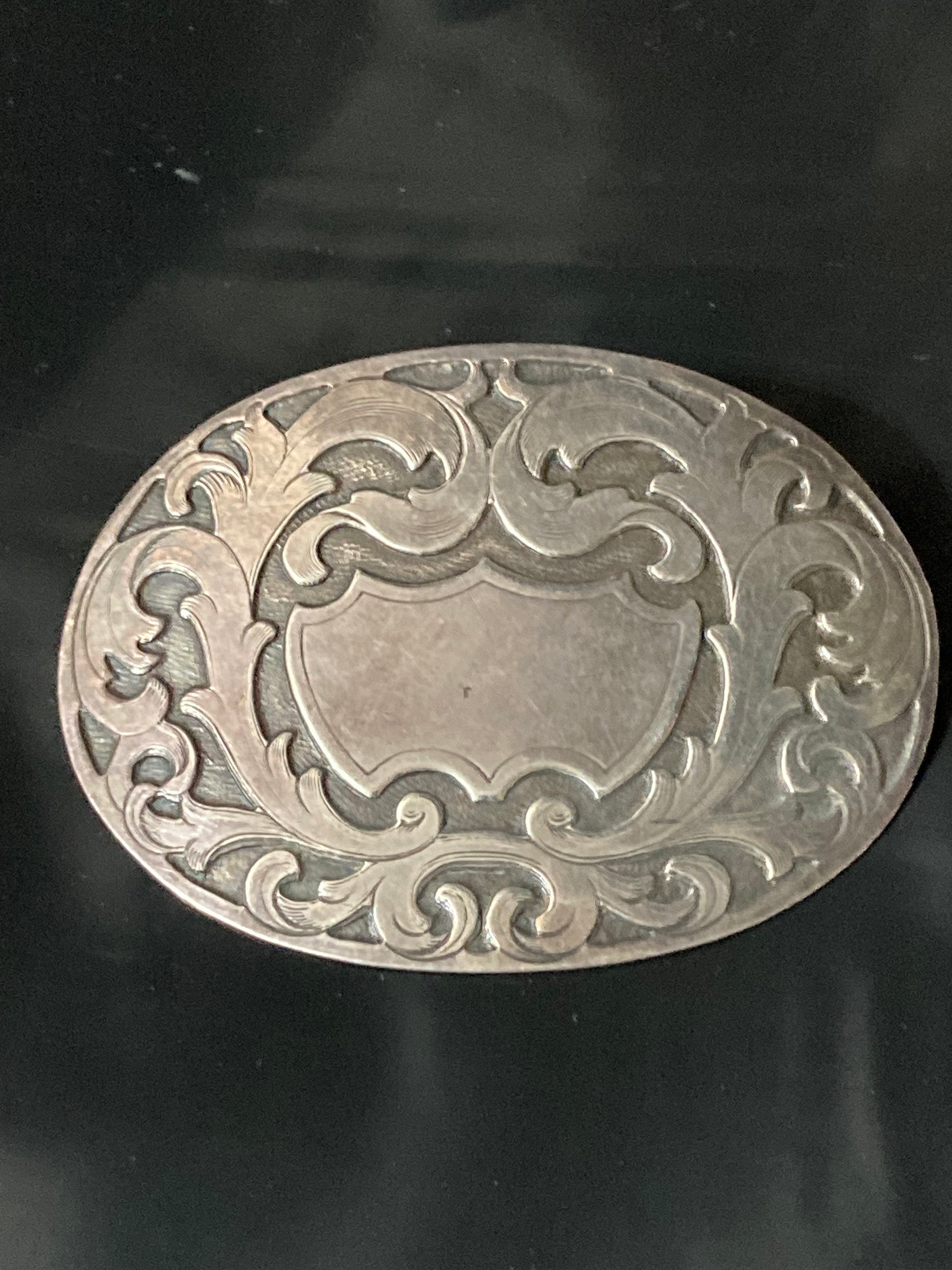 Large antique 925 silver Edwardian oval etched brooch for monogram