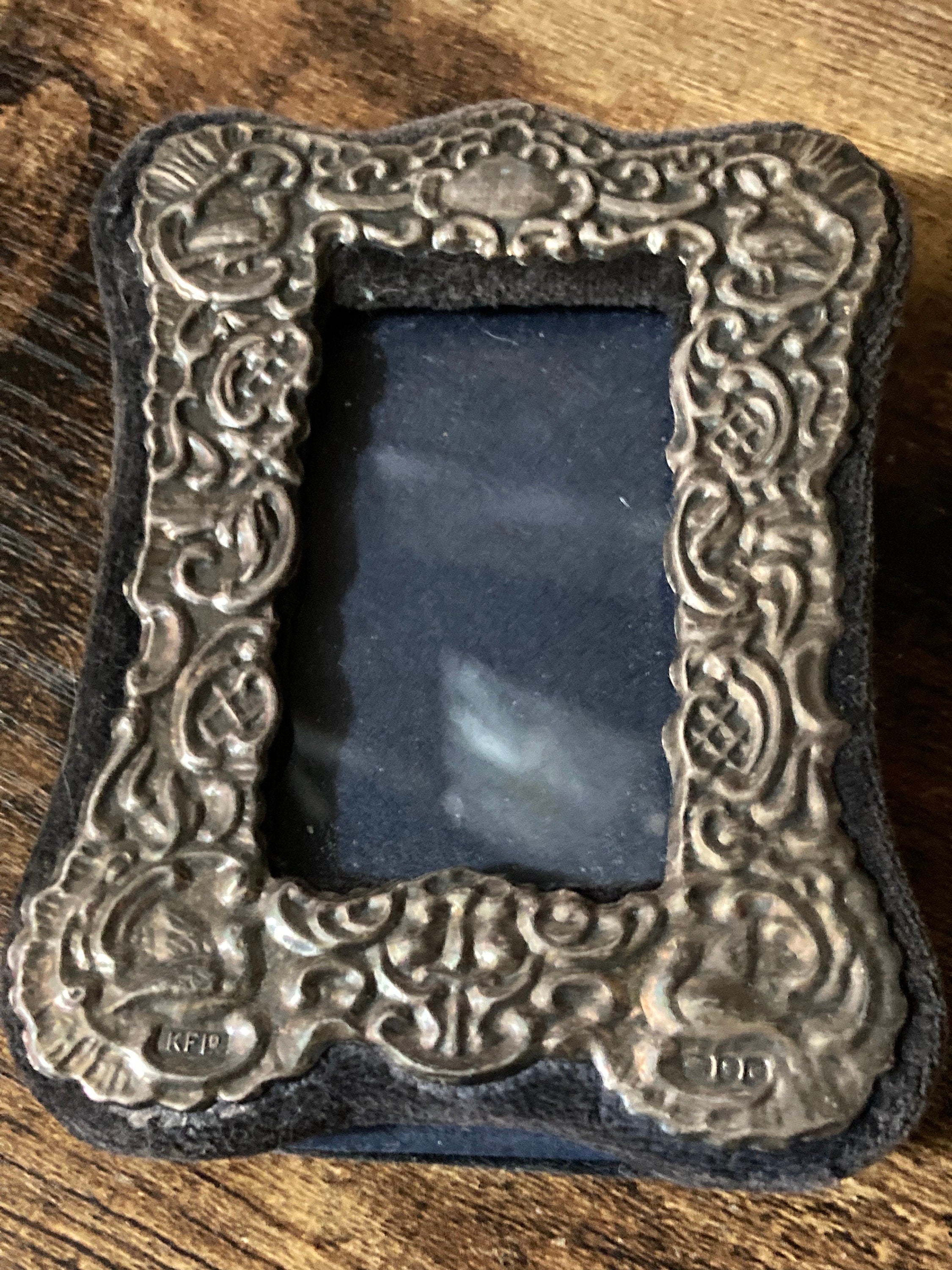 Embossed Sterling Silver Miniature Photo Frame - Blue Velvet Back