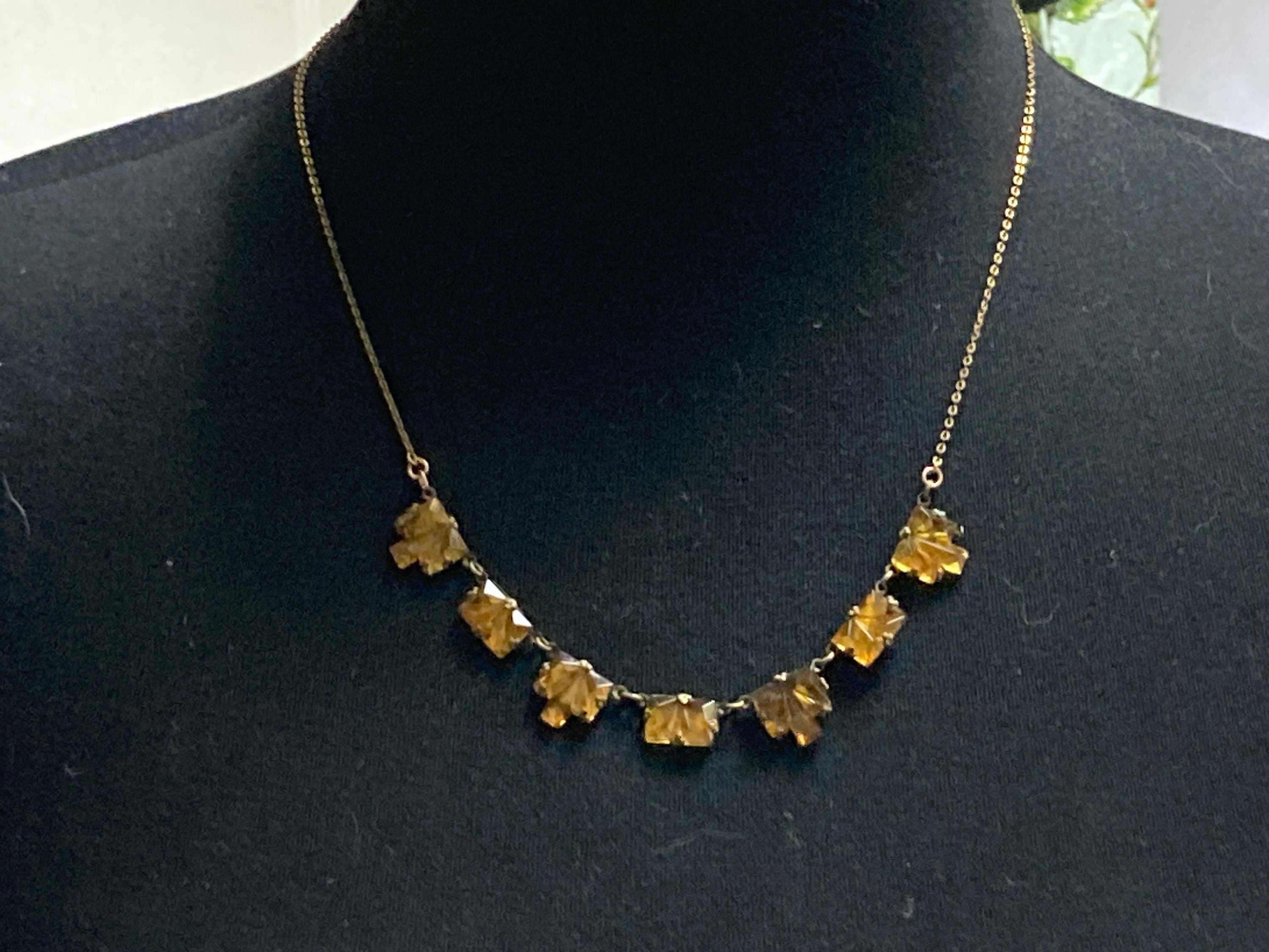 Vauxhall Glass Necklace Antique art deco geometric czech amber orange glass foil back 1920s