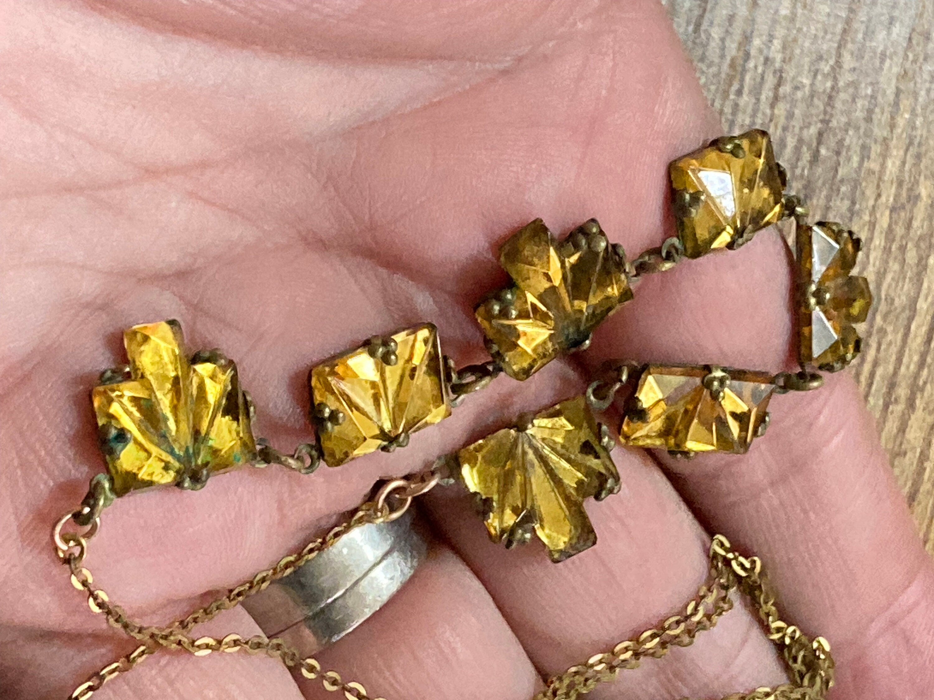 Vauxhall Glass Necklace Antique art deco geometric czech amber orange glass foil back 1920s