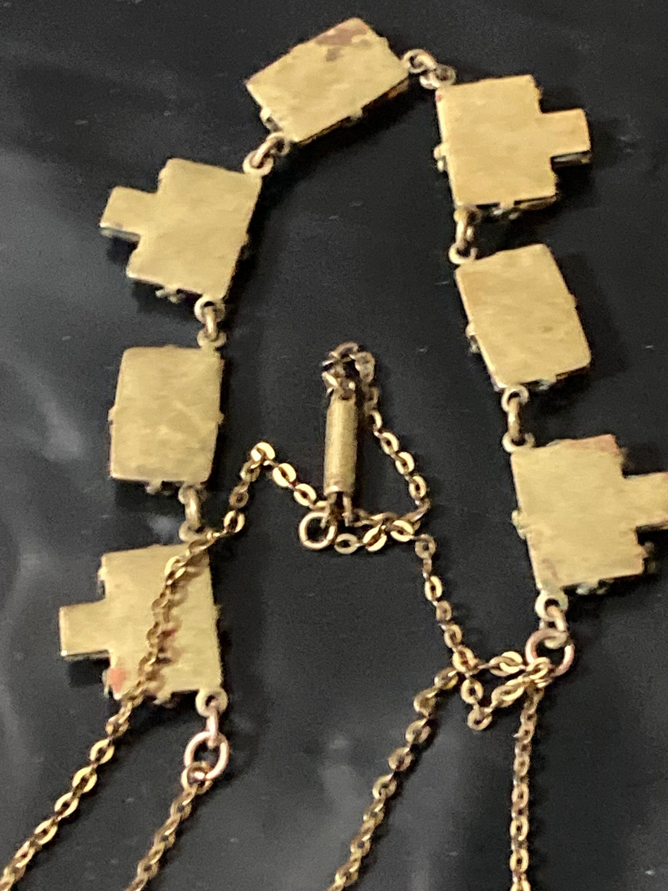 Vauxhall Glass Necklace Antique art deco geometric czech amber orange glass foil back 1920s