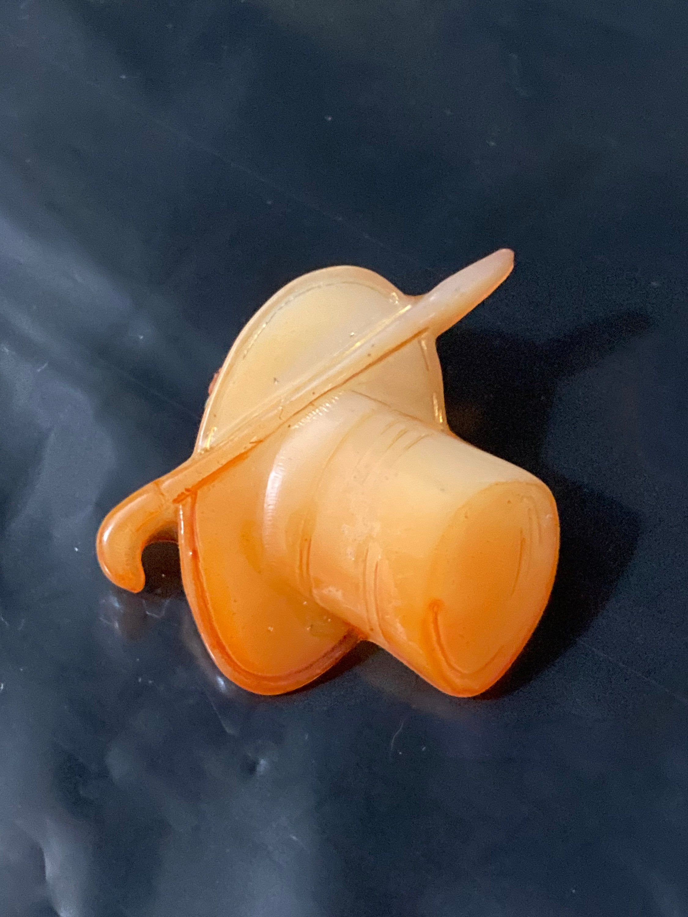 Early Plastic Celluloid Art Deco orange mens top hat and cane brooch