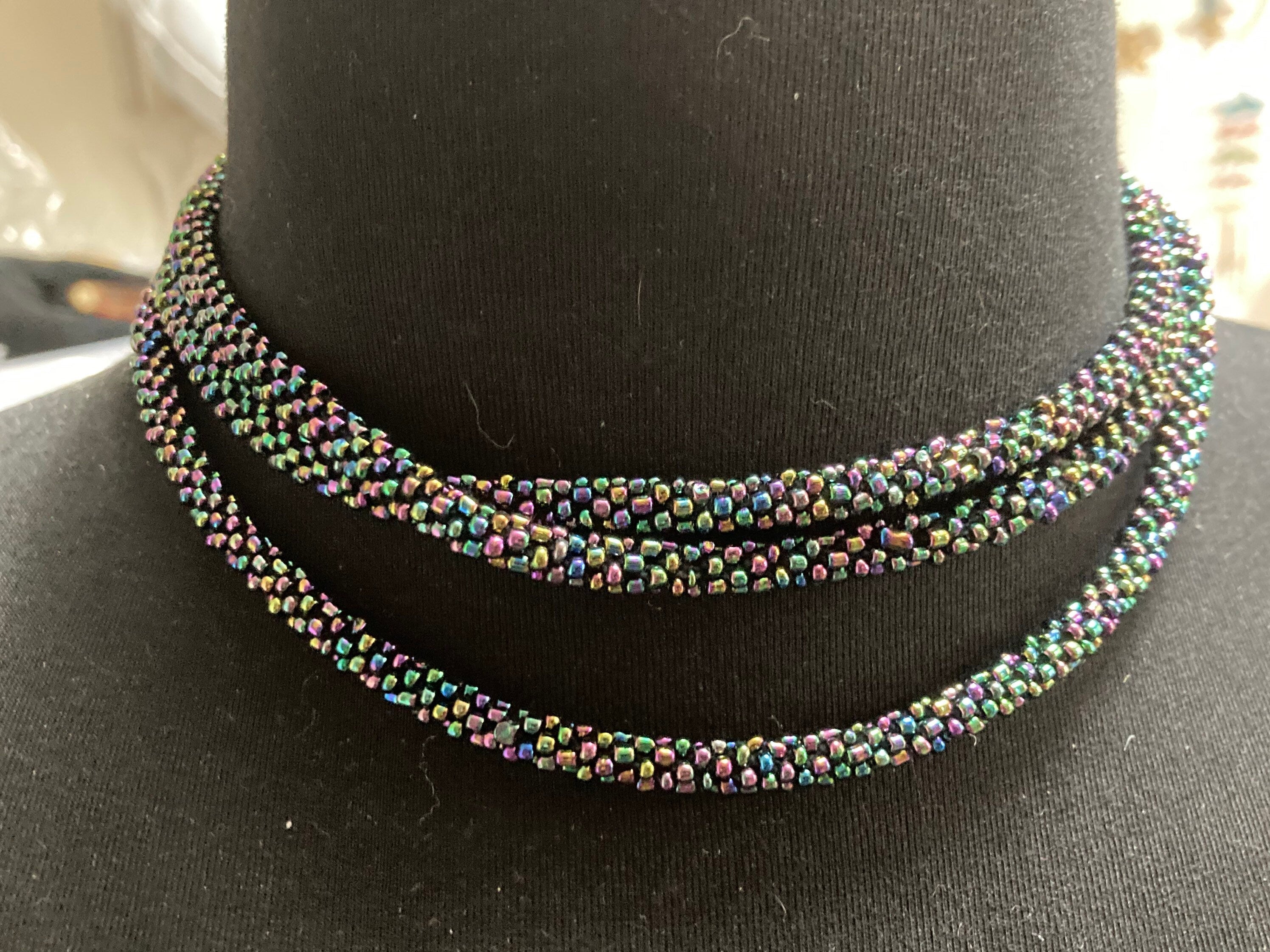 Vintage dark grey rainbow lustre glass seed bead long necklace