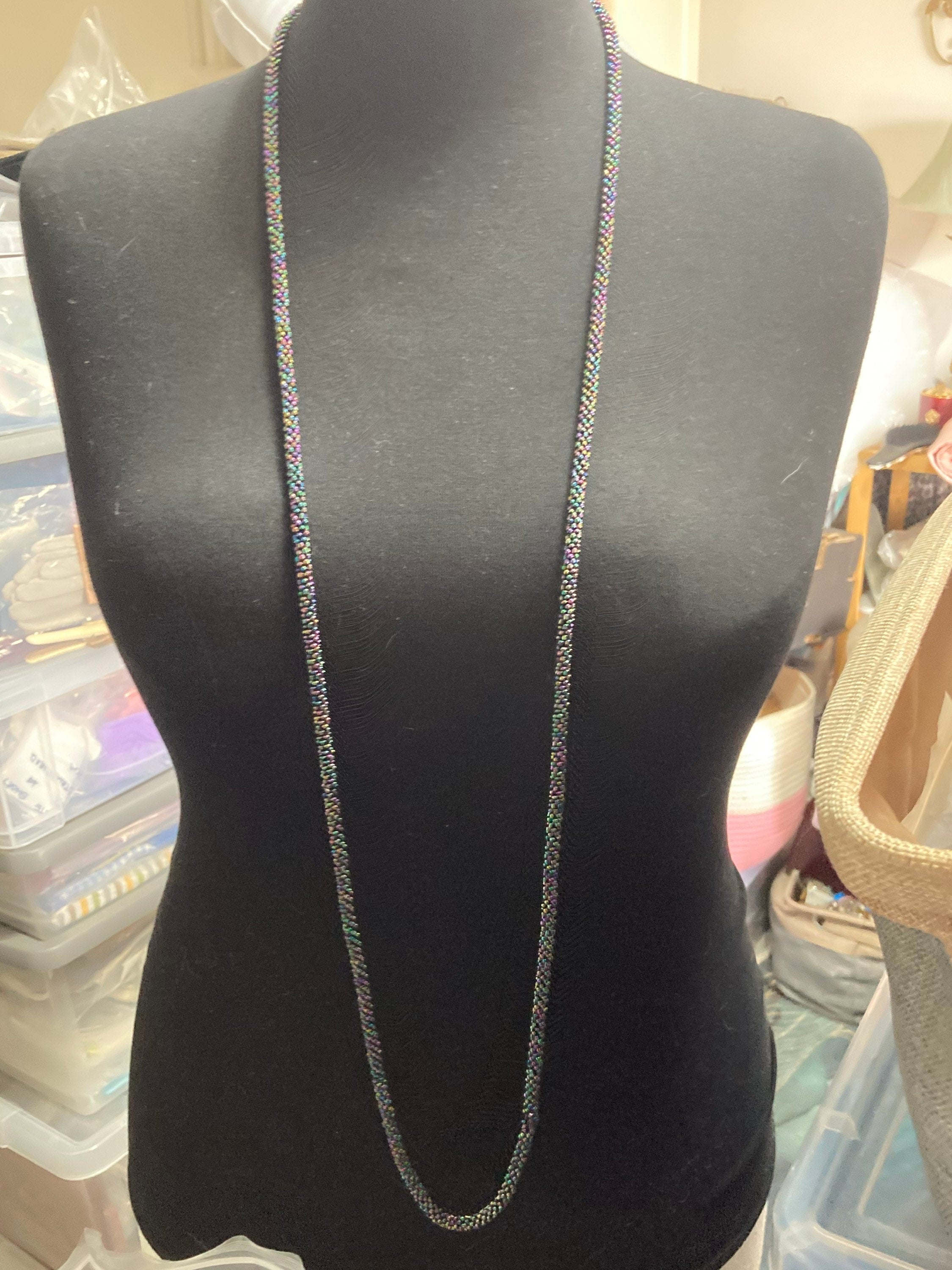 Vintage dark grey rainbow lustre glass seed bead long necklace