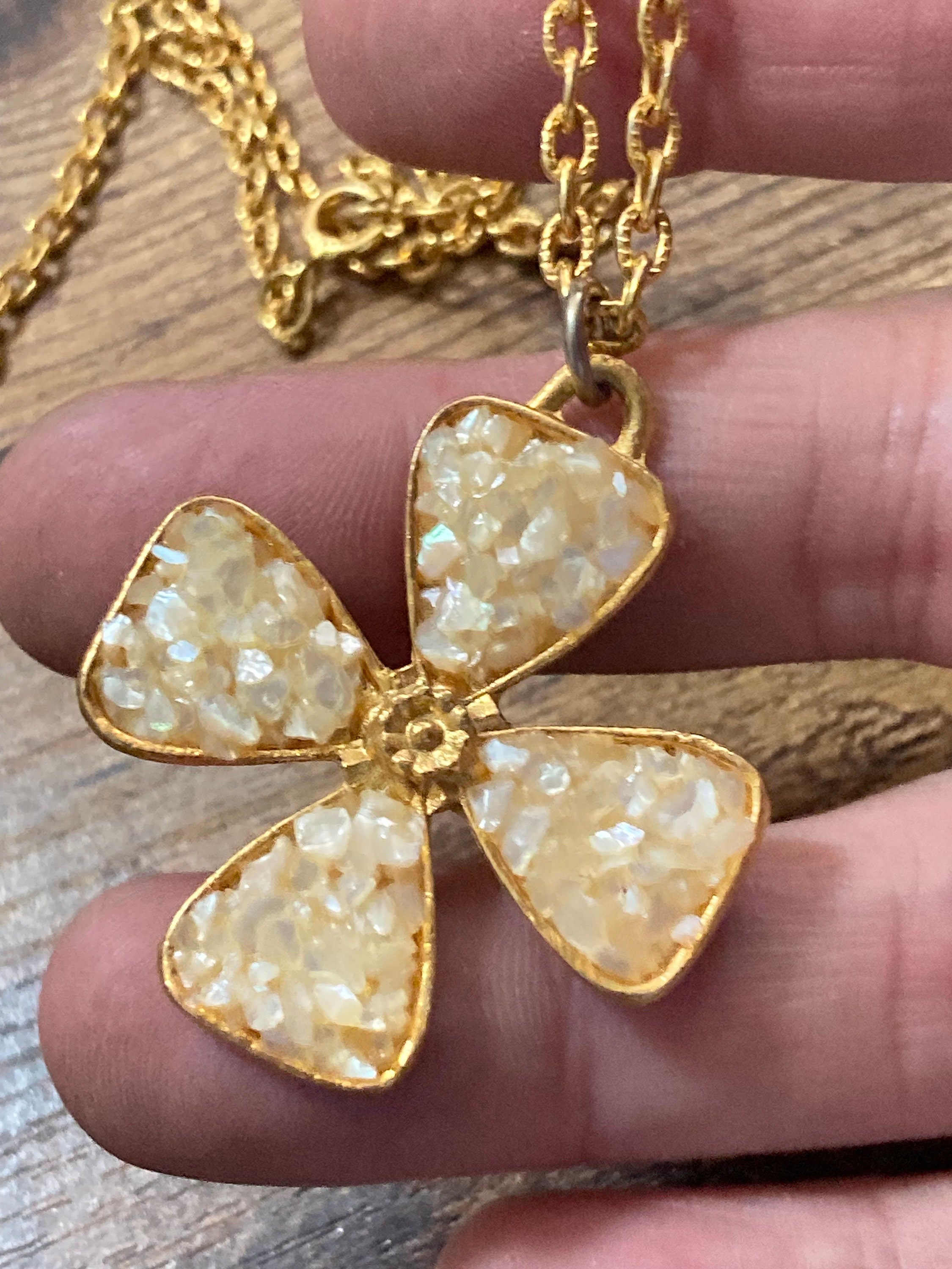 Signed JEM Retro Pearl Chip Cross Pendant - Gold Tone Chain