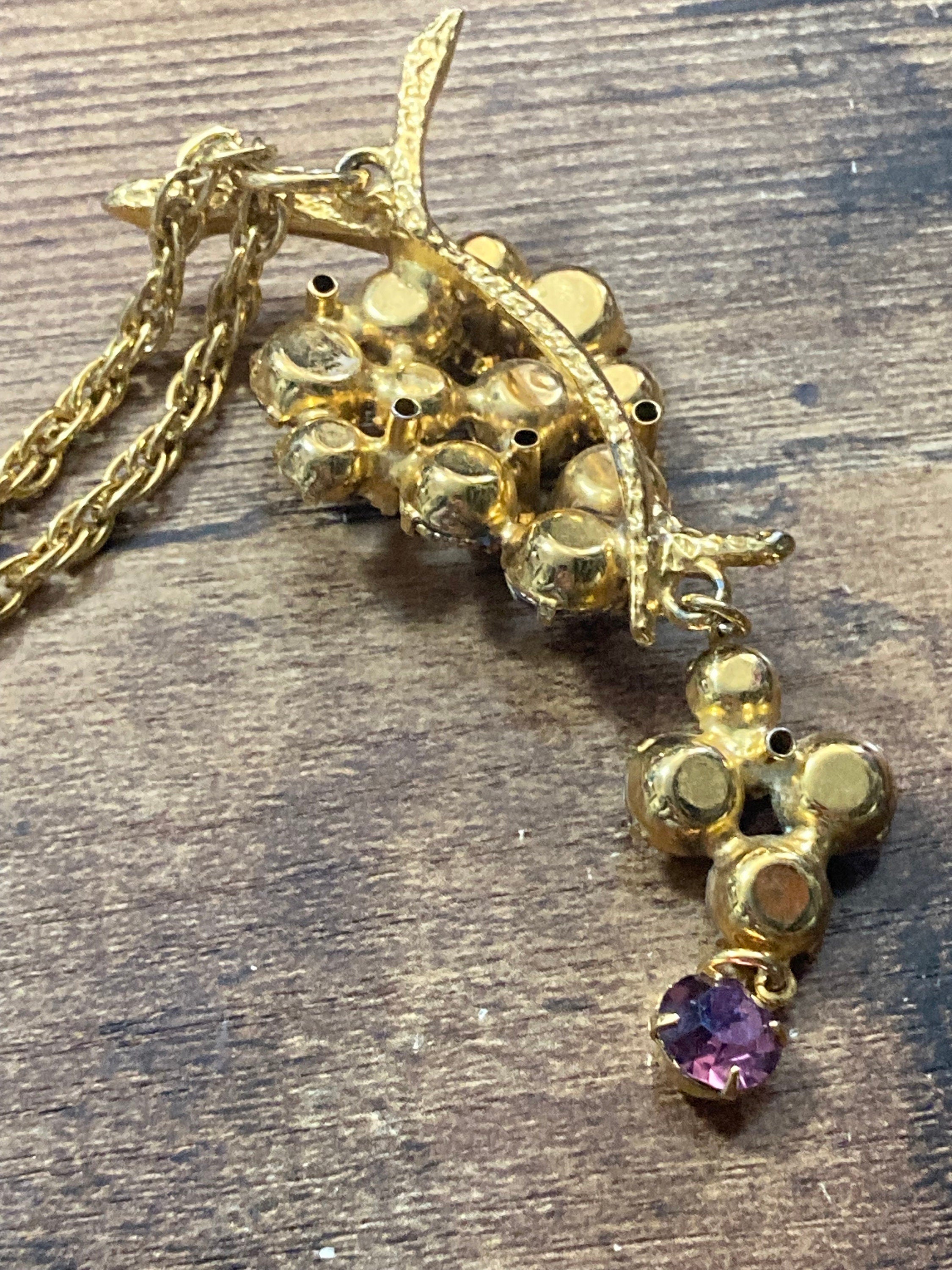 Retro Amethyst Purple Glass Rhinestone Diamanté grapes pendant Necklace
