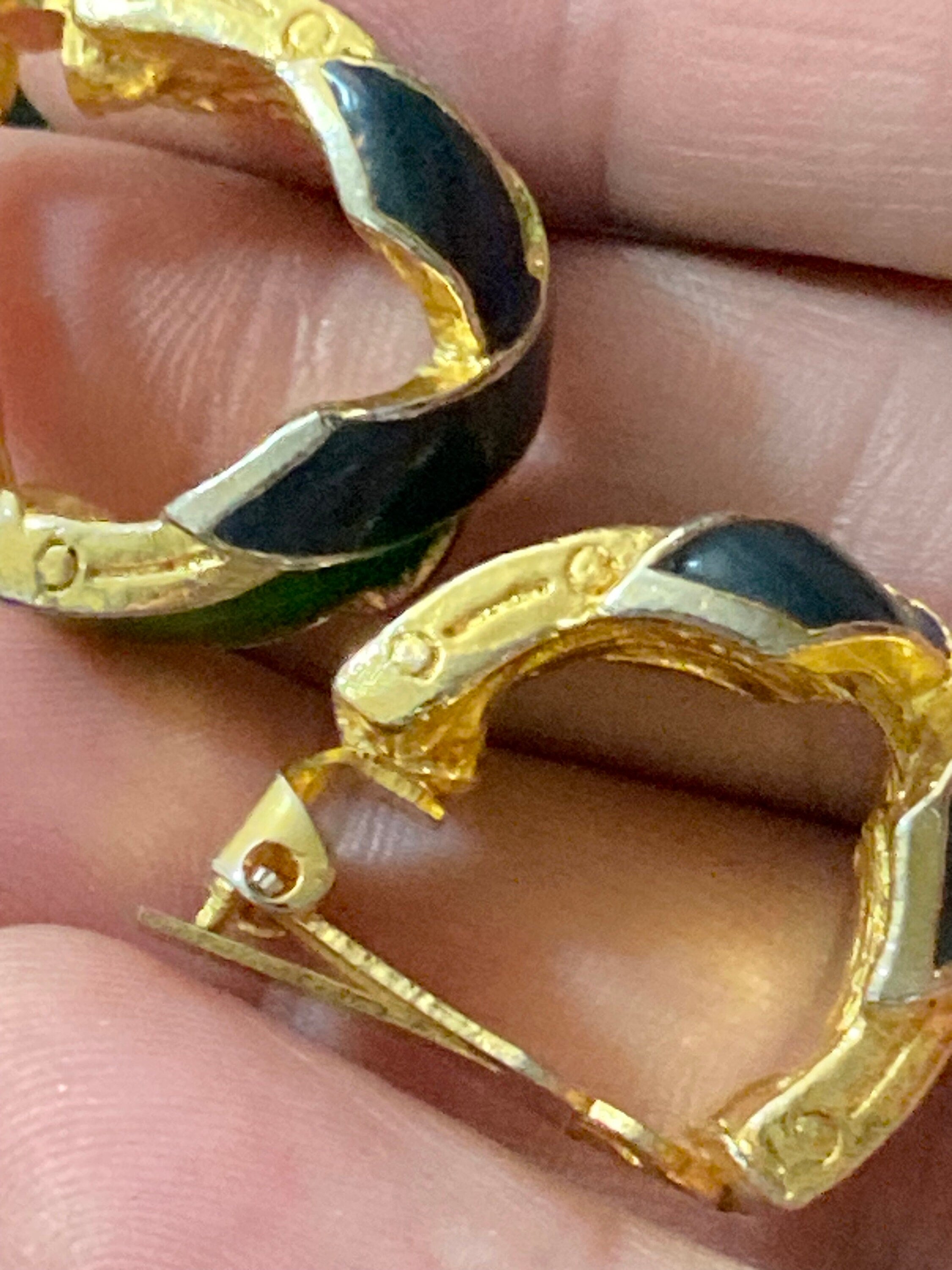 Retro gold tone green blue enamel cross detail clip on half hoop earrings
