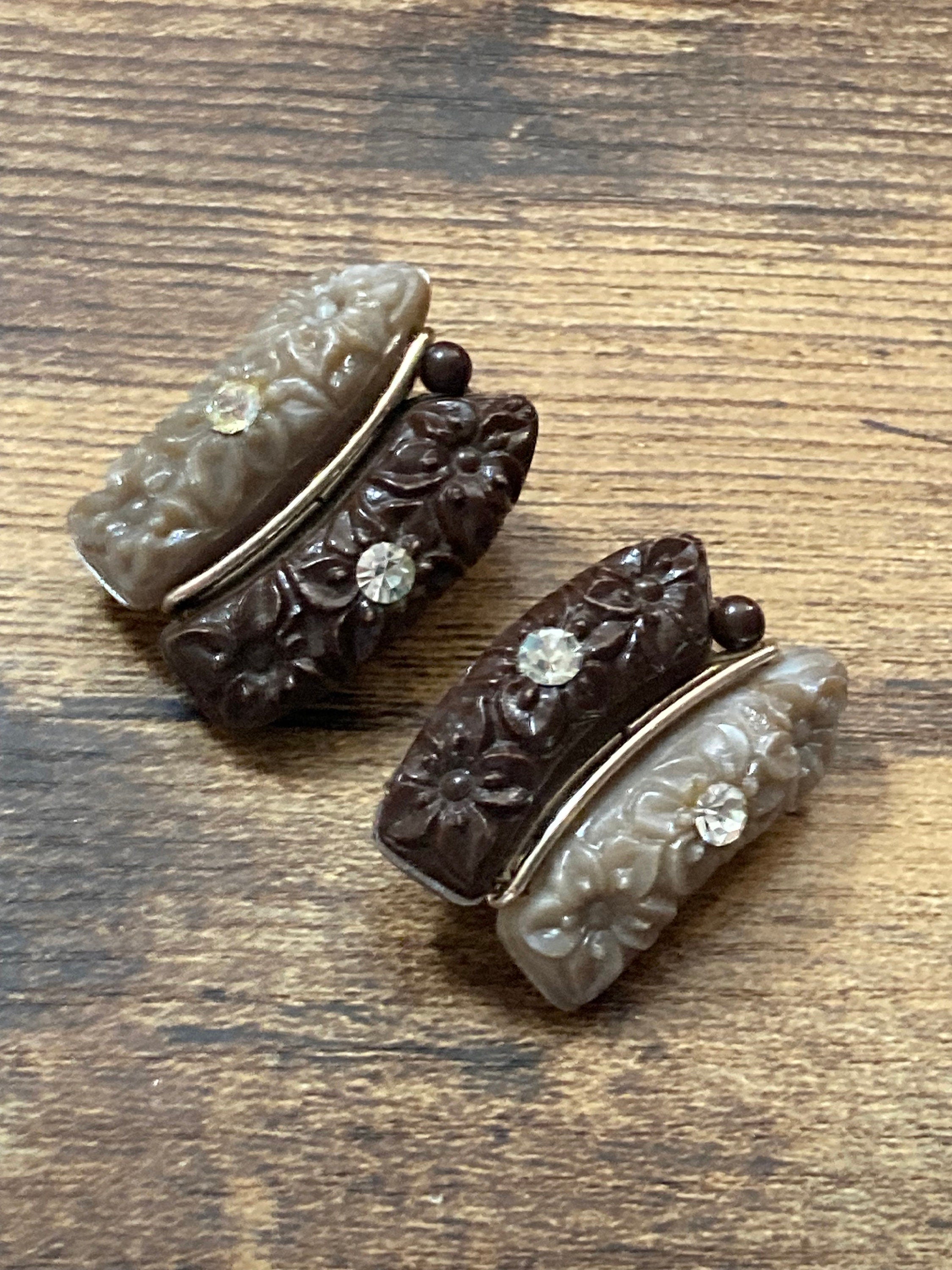 Signed West Germany Vintage molded brown plastic diamanté floral Clip On Earrings