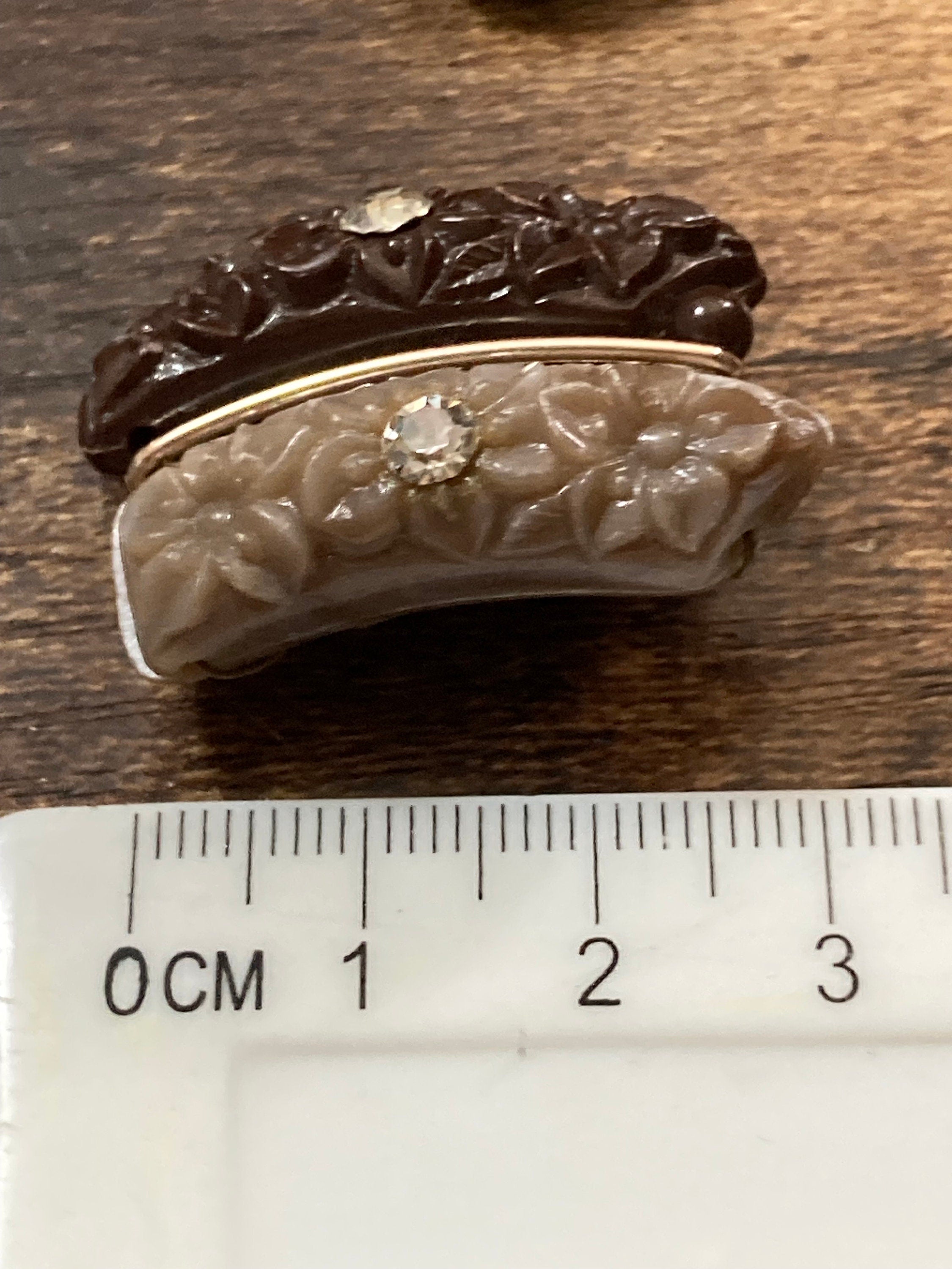 Signed West Germany Vintage molded brown plastic diamanté floral Clip On Earrings