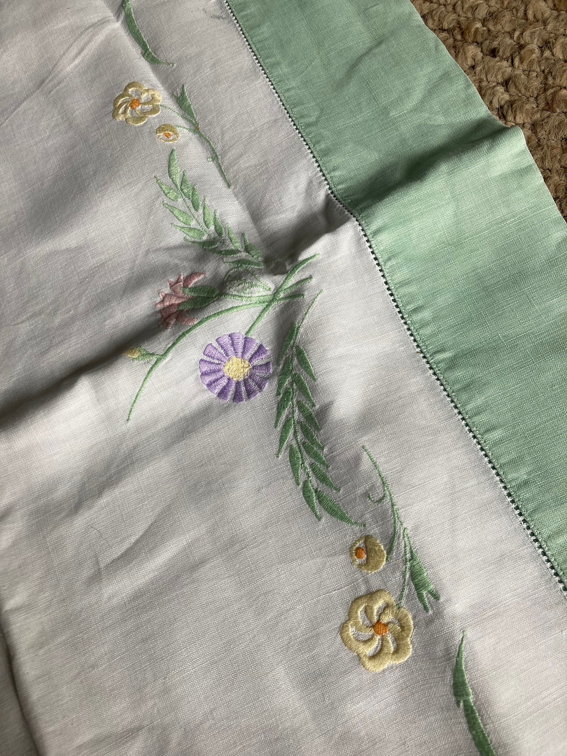 Vintage Embroidered Floral Pillowcase Set: Green & Yellow Cotton