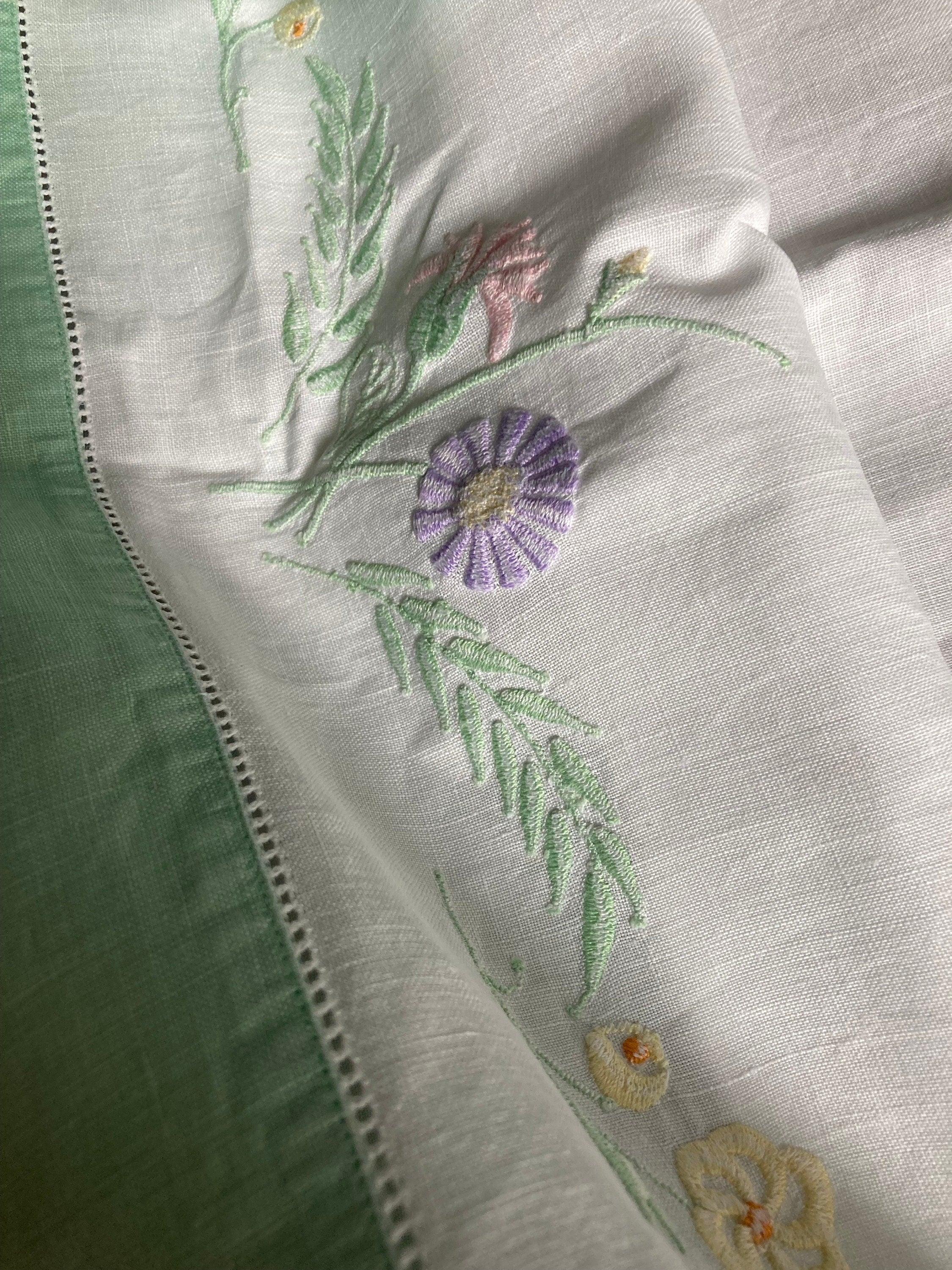Vintage Embroidered Floral Pillowcase Set: Green & Yellow Cotton
