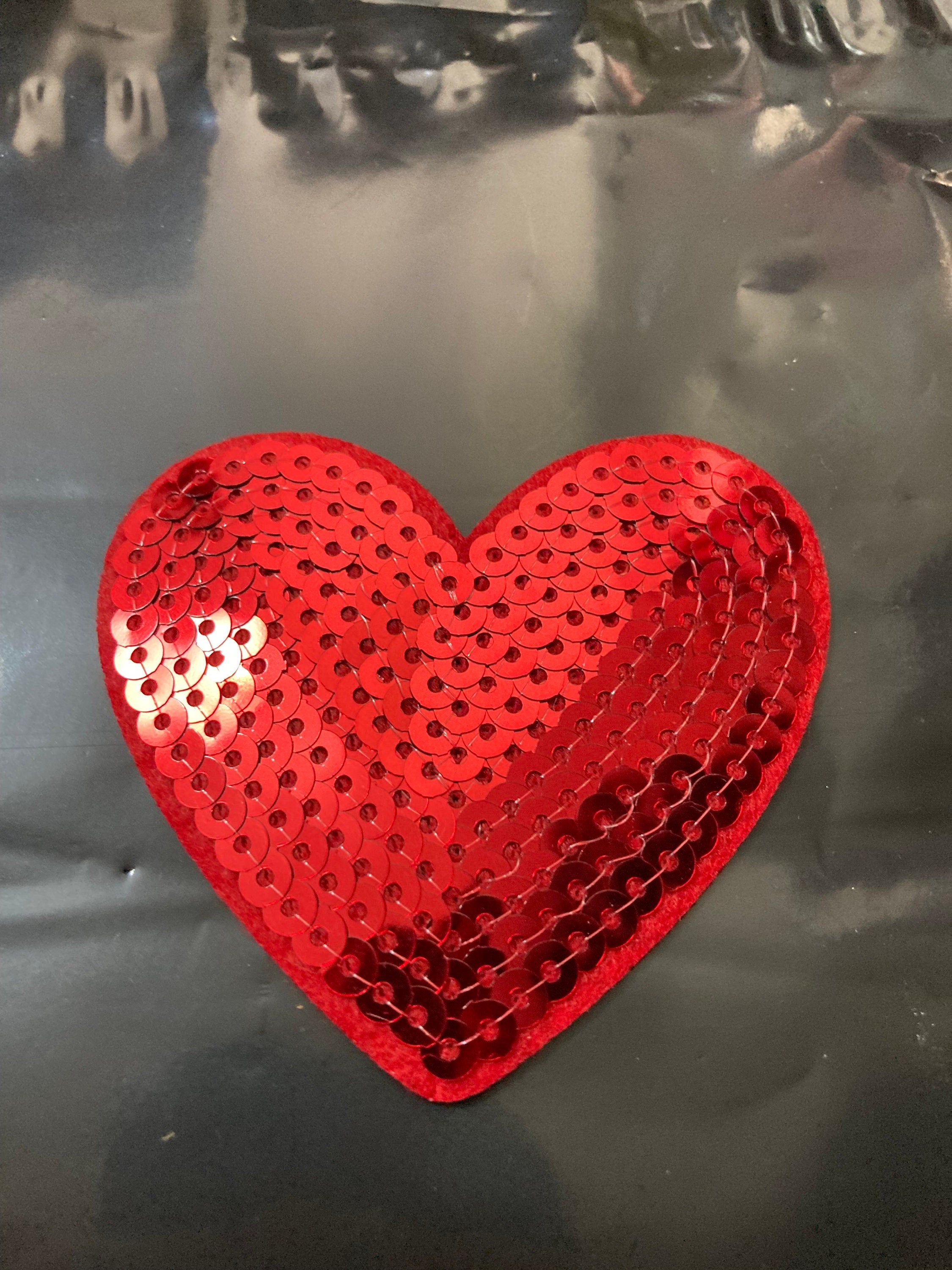 iron on bright red love heart sequin patch 7 x 7cm sewing applique