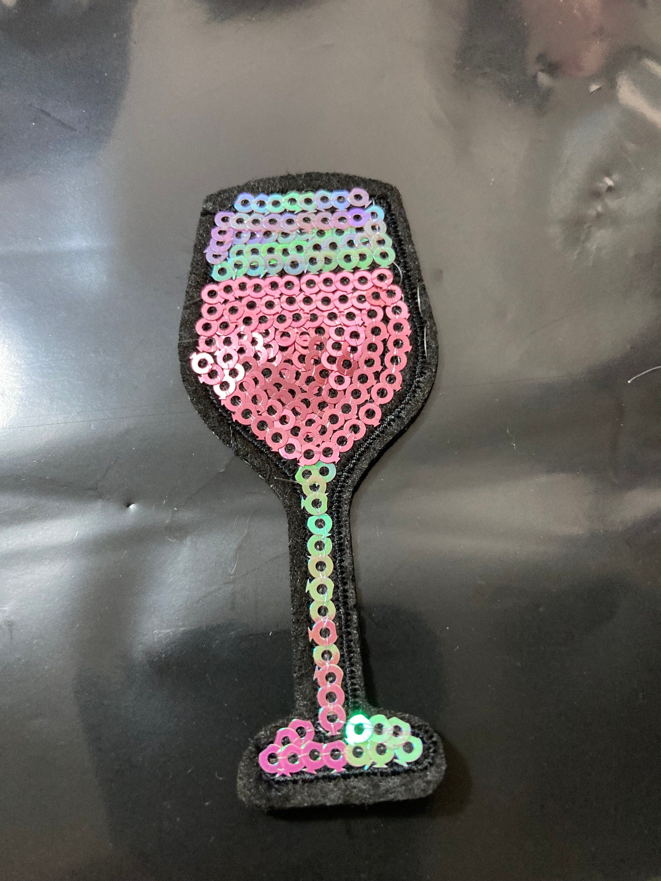 iron on pink gin wine glass sequin patch 8 x 2.5cm sewing applique