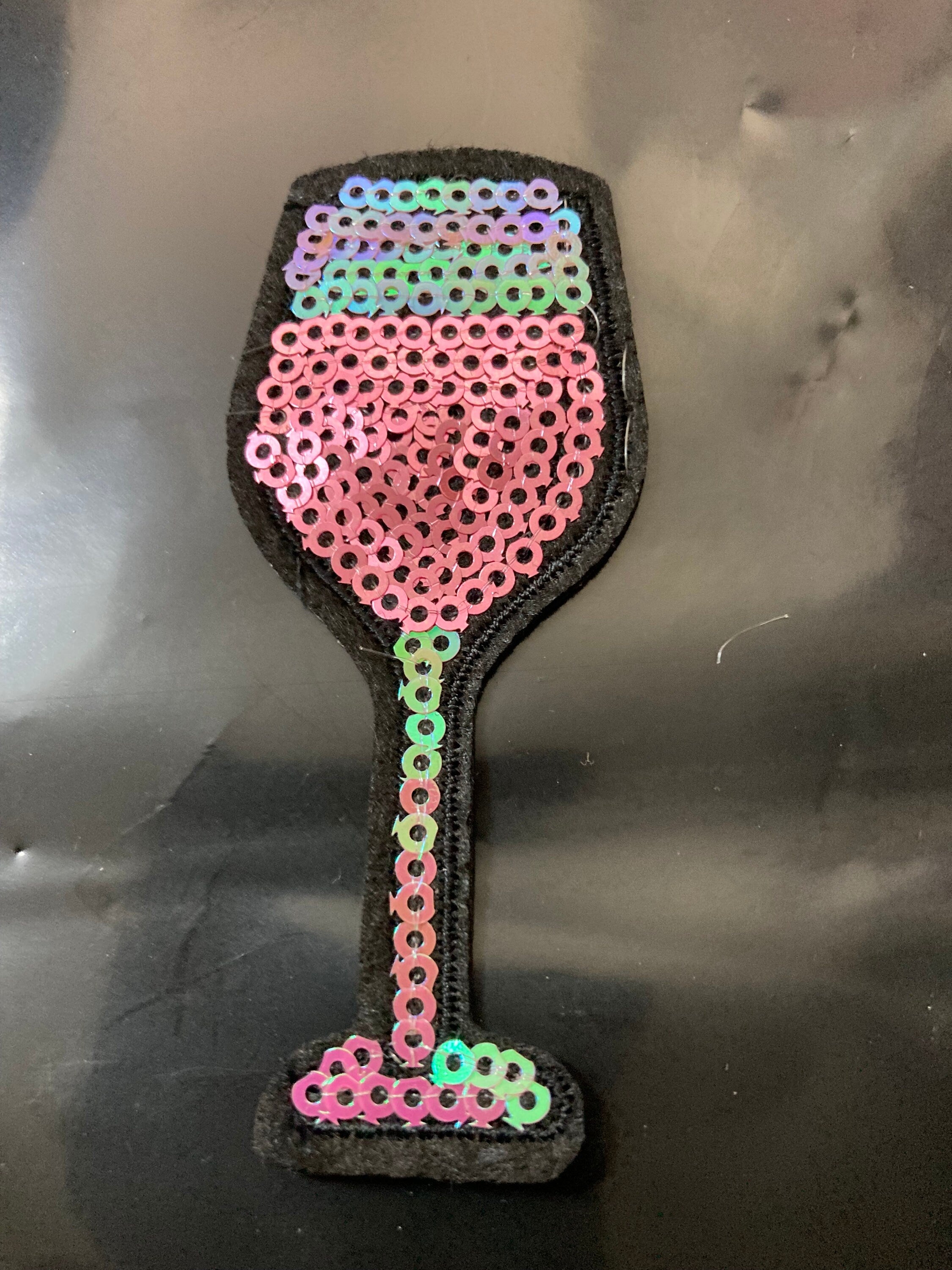 iron on pink gin wine glass sequin patch 8 x 2.5cm sewing applique