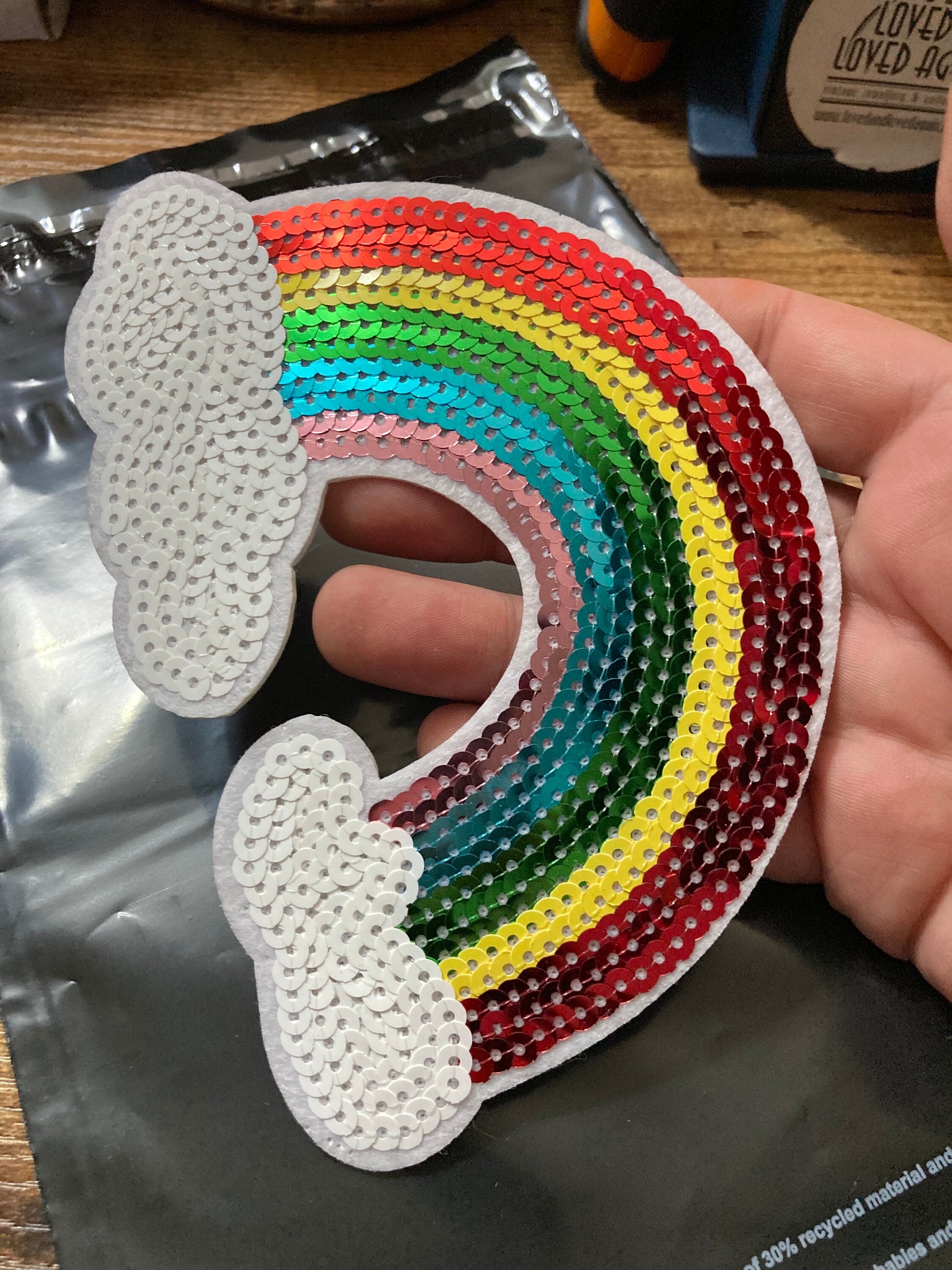 Large iron on rainbow and clouds sequin patch 15 x 10cm sewing applique