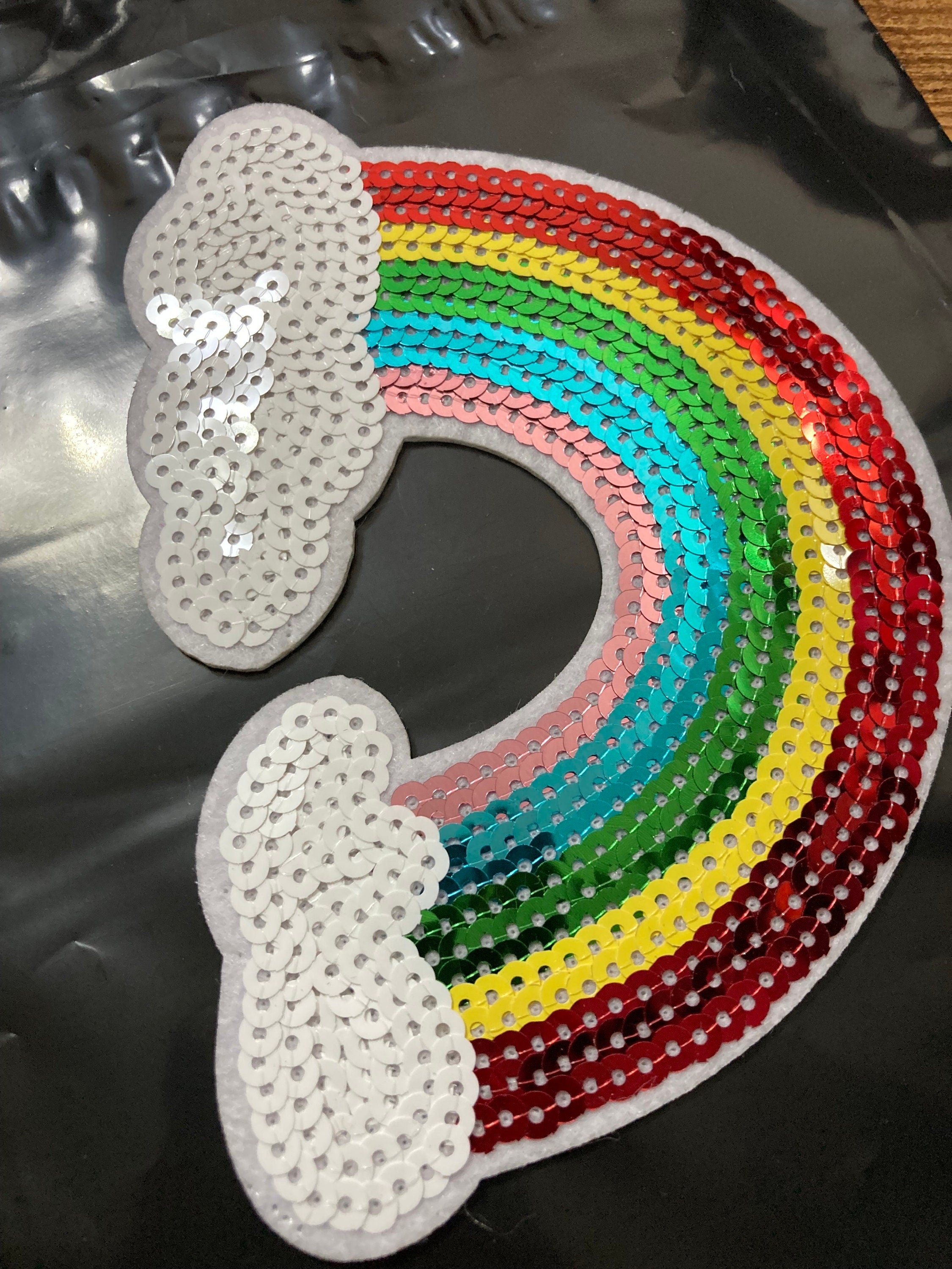 Large iron on rainbow and clouds sequin patch 15 x 10cm sewing applique