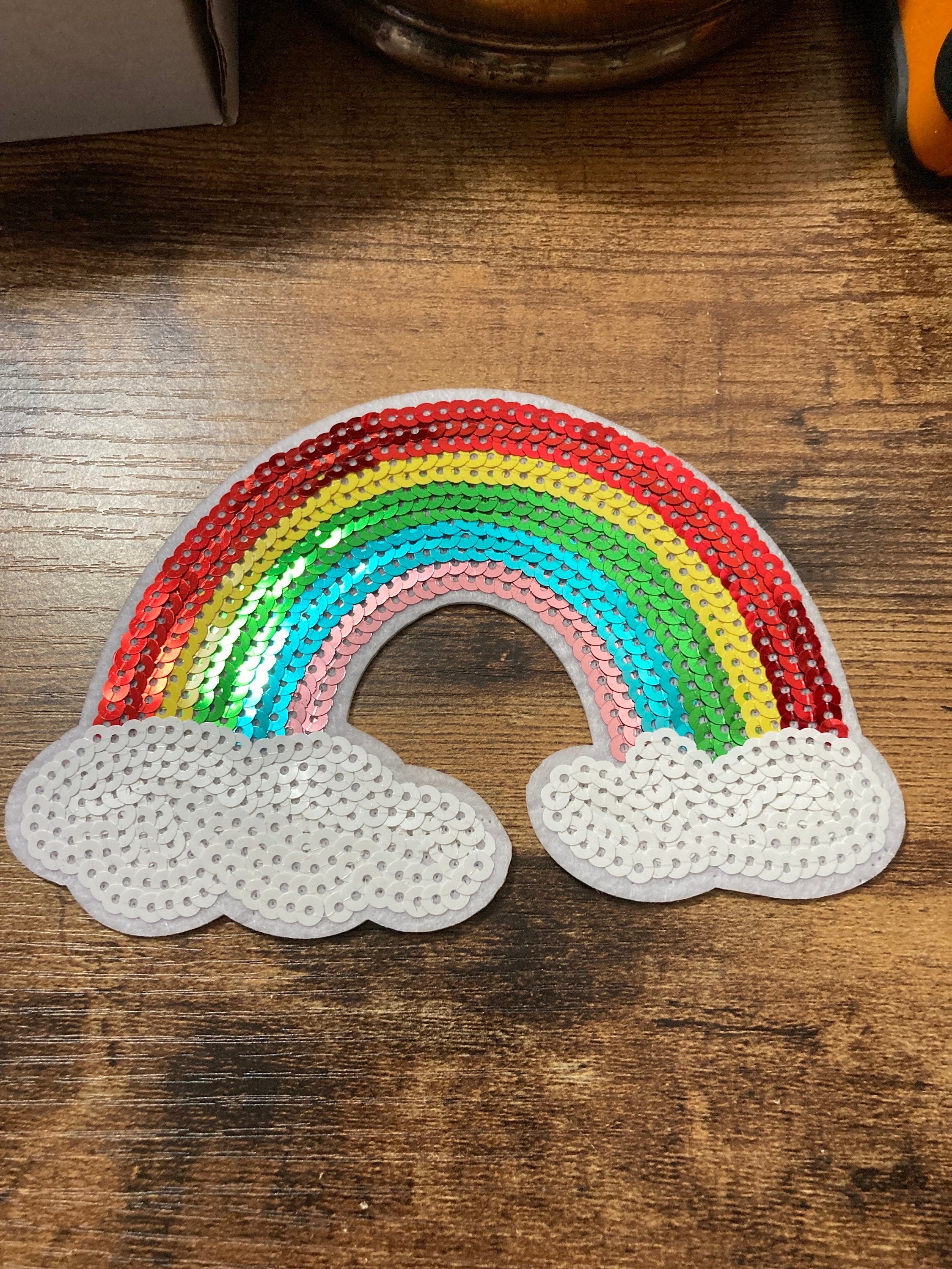 Large iron on rainbow and clouds sequin patch 15 x 10cm sewing applique
