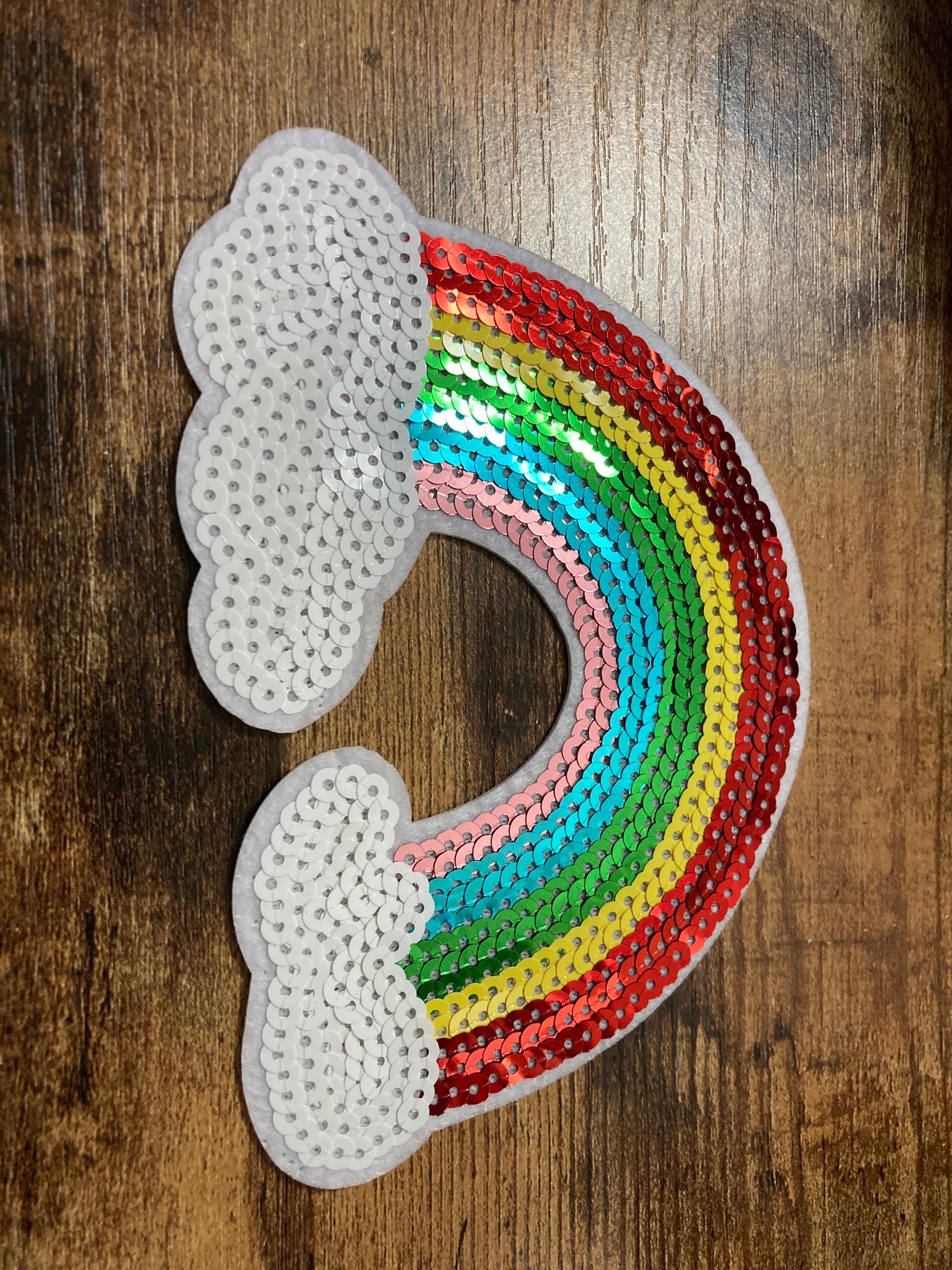 Large iron on rainbow and clouds sequin patch 15 x 10cm sewing applique