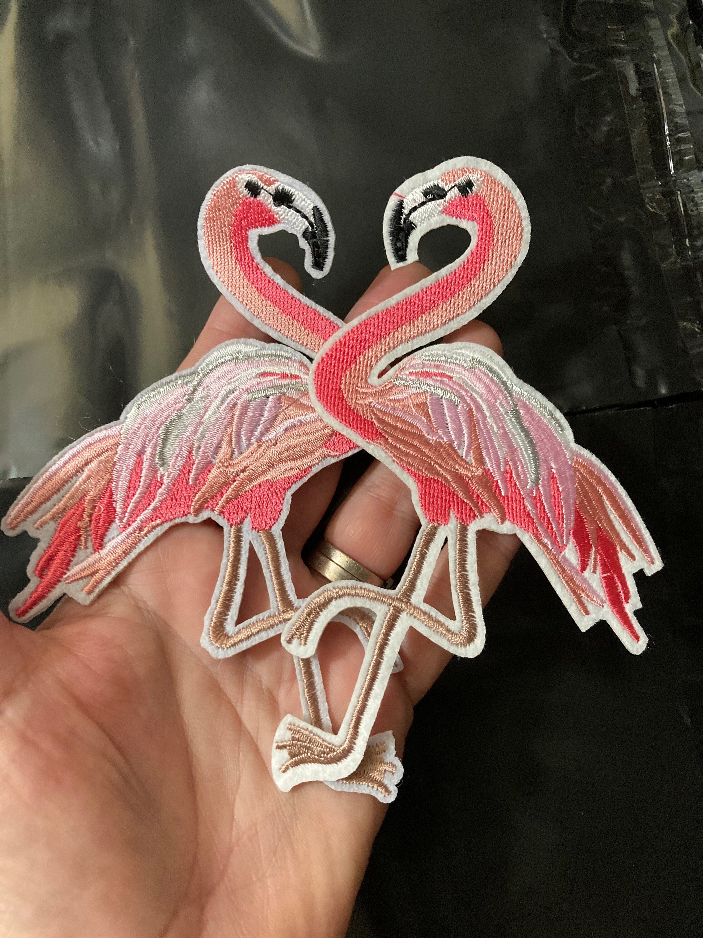 Embroidered Flamingo Iron On Patches: Pink & Silver Appliqués (15cm x 10cm)