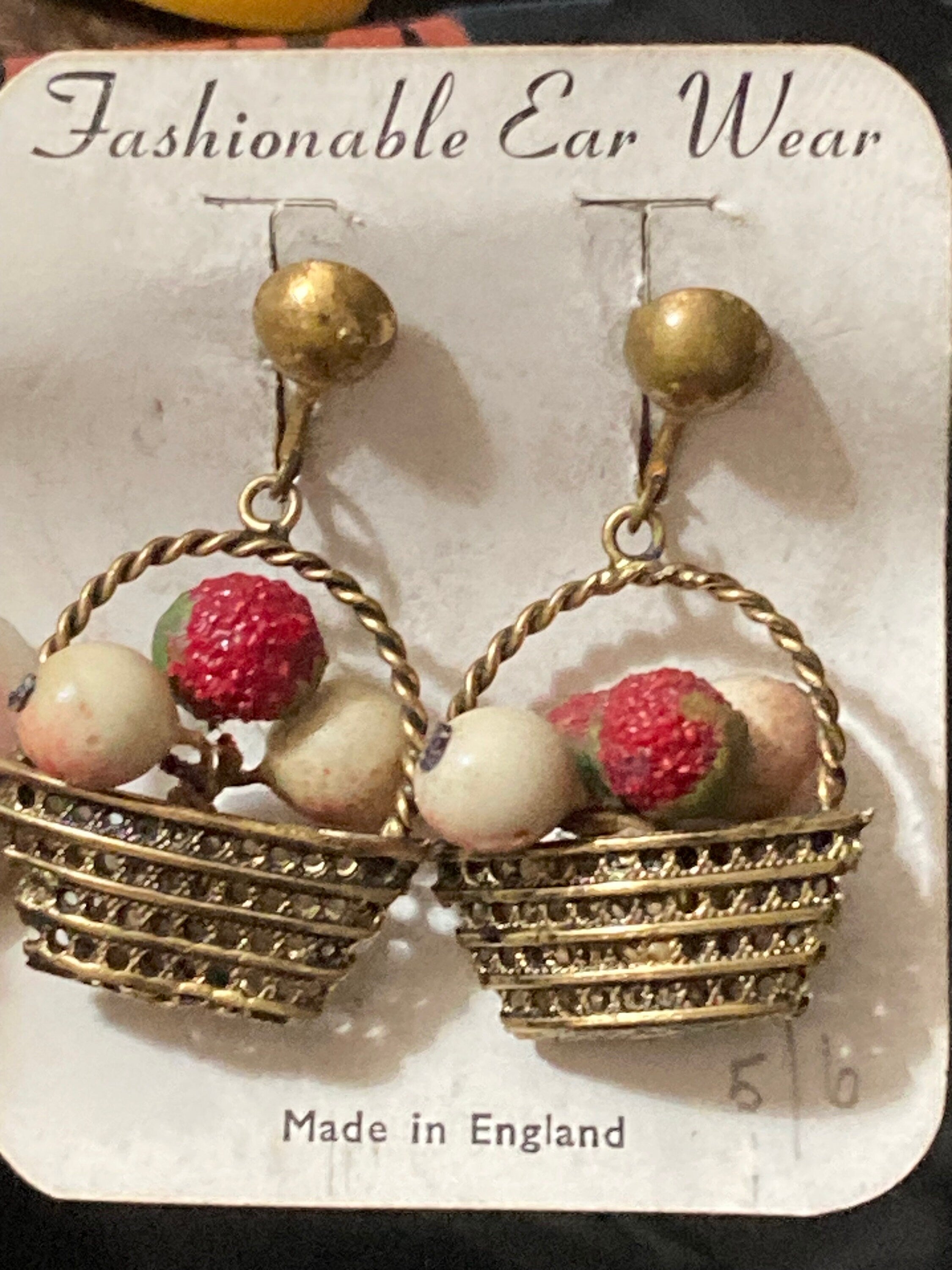 Antique gold tone FRUIT Basket clip on earrings 1930s Art Deco
