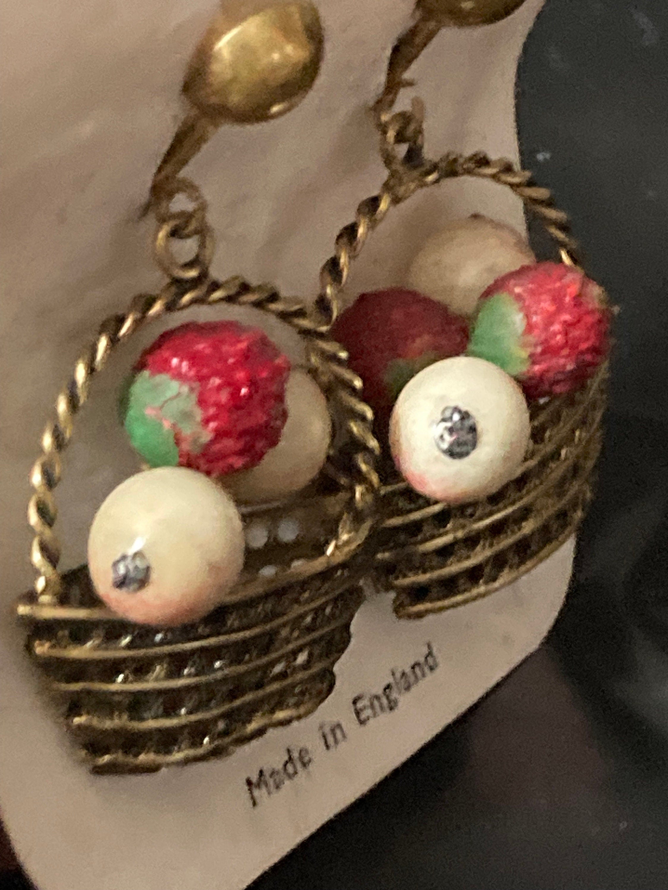 Antique gold tone FRUIT Basket clip on earrings 1930s Art Deco