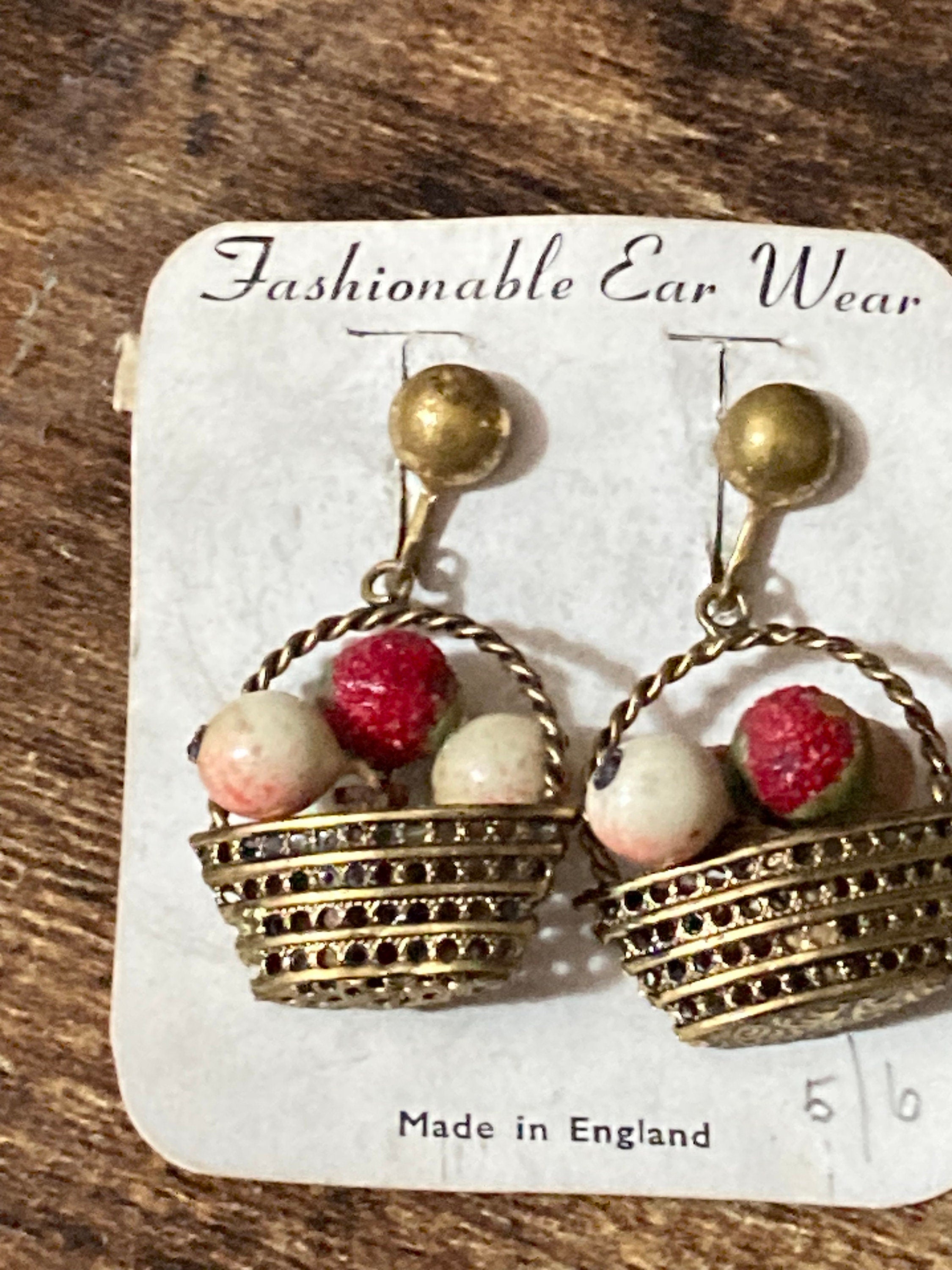 Antique gold tone FRUIT Basket clip on earrings 1930s Art Deco