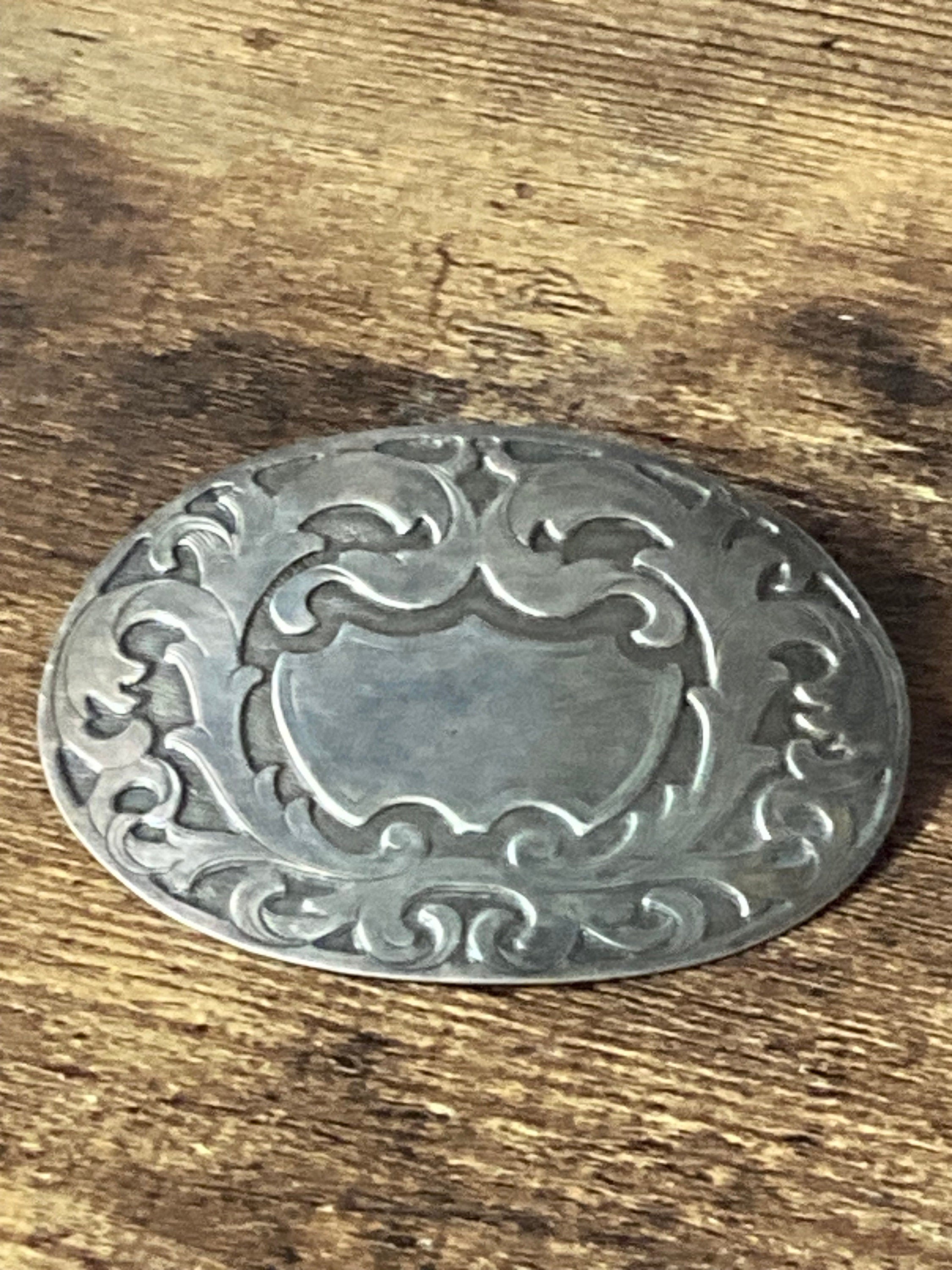 Large antique 925 silver Edwardian oval etched brooch for monogram