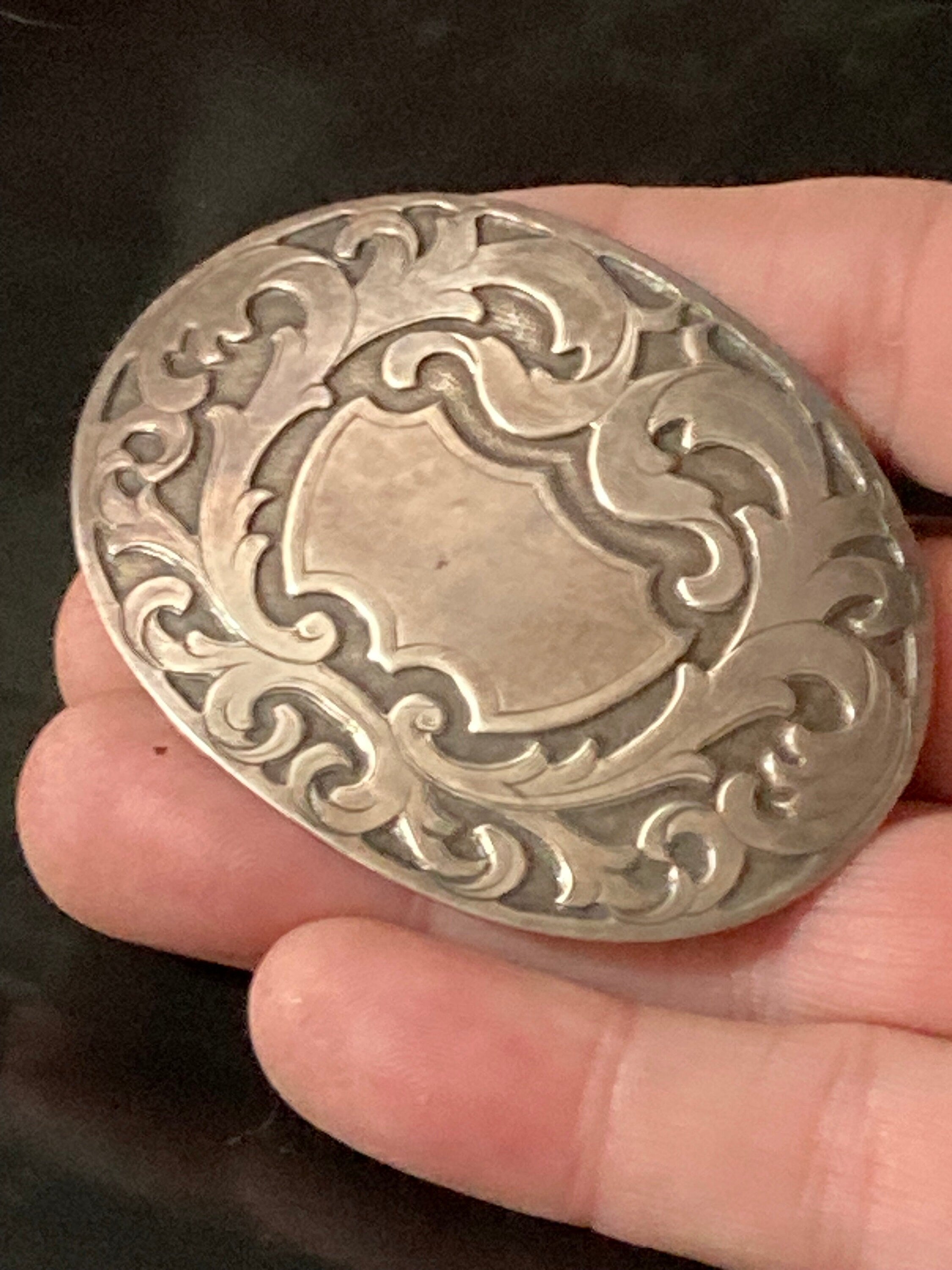 Large antique 925 silver Edwardian oval etched brooch for monogram