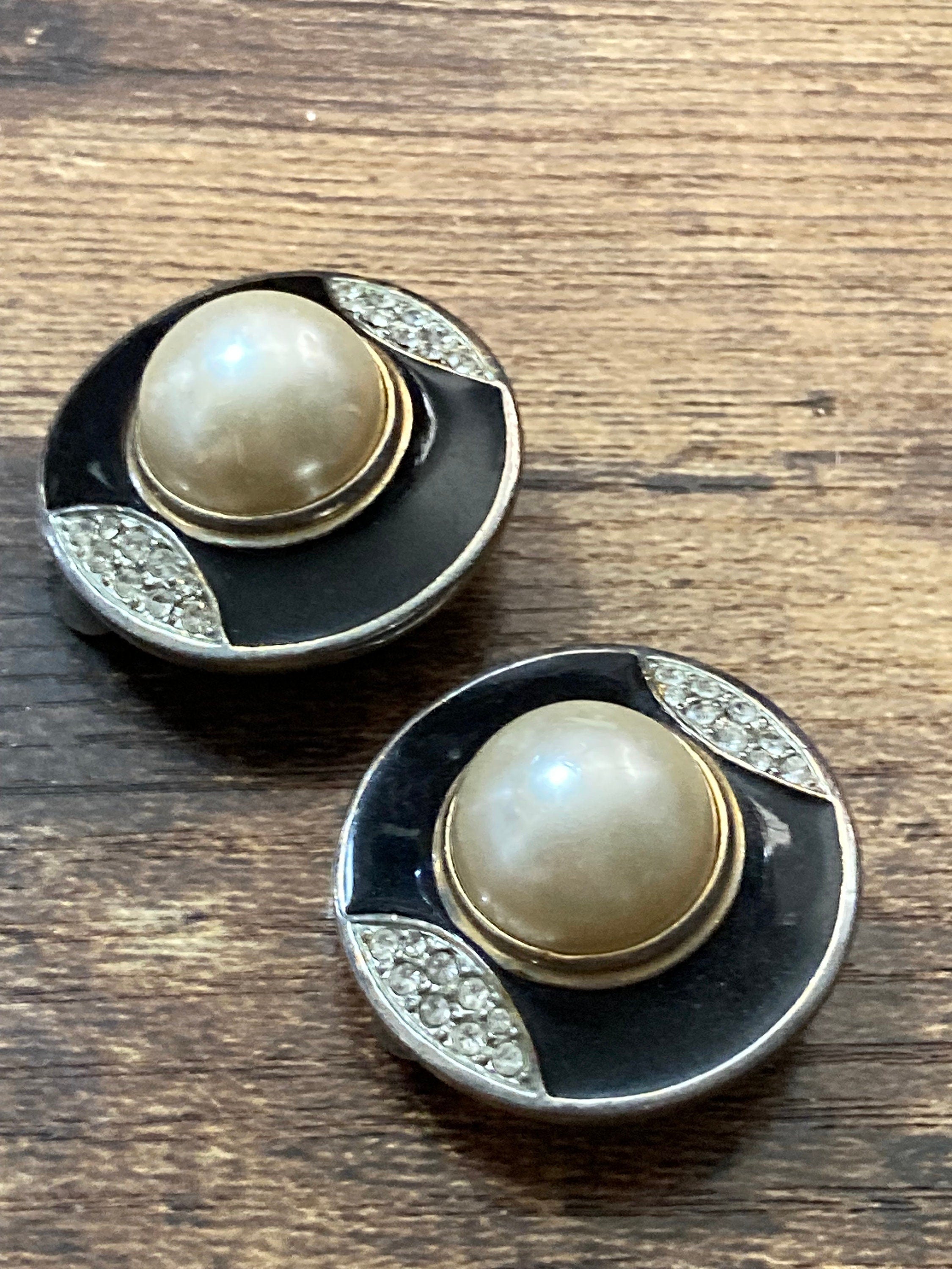 Retro silver & Gold tone black enamel and clear diamante paste clip on pearl earrings domed stud 1980s