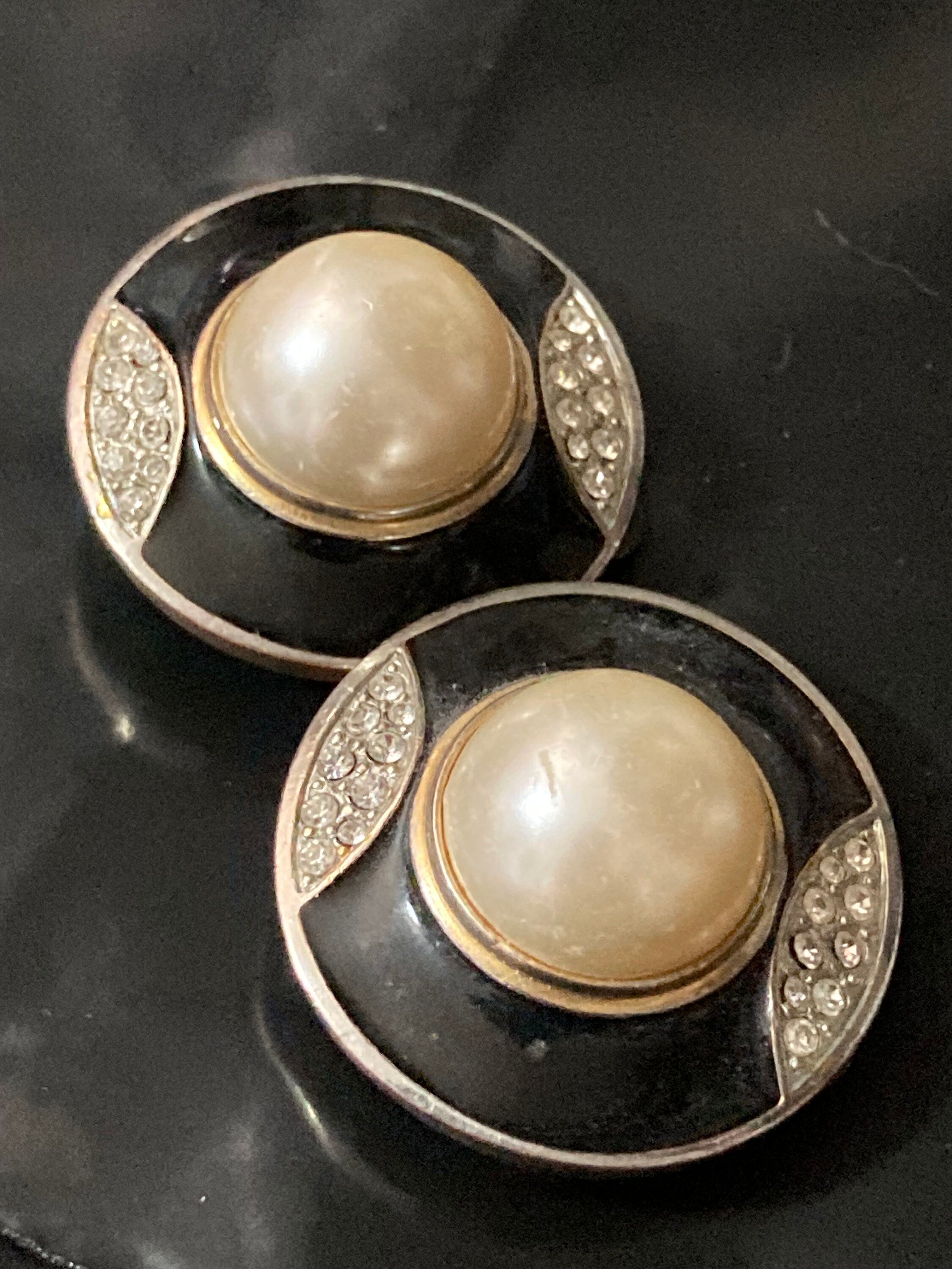 Retro silver & Gold tone black enamel and clear diamante paste clip on pearl earrings domed stud 1980s