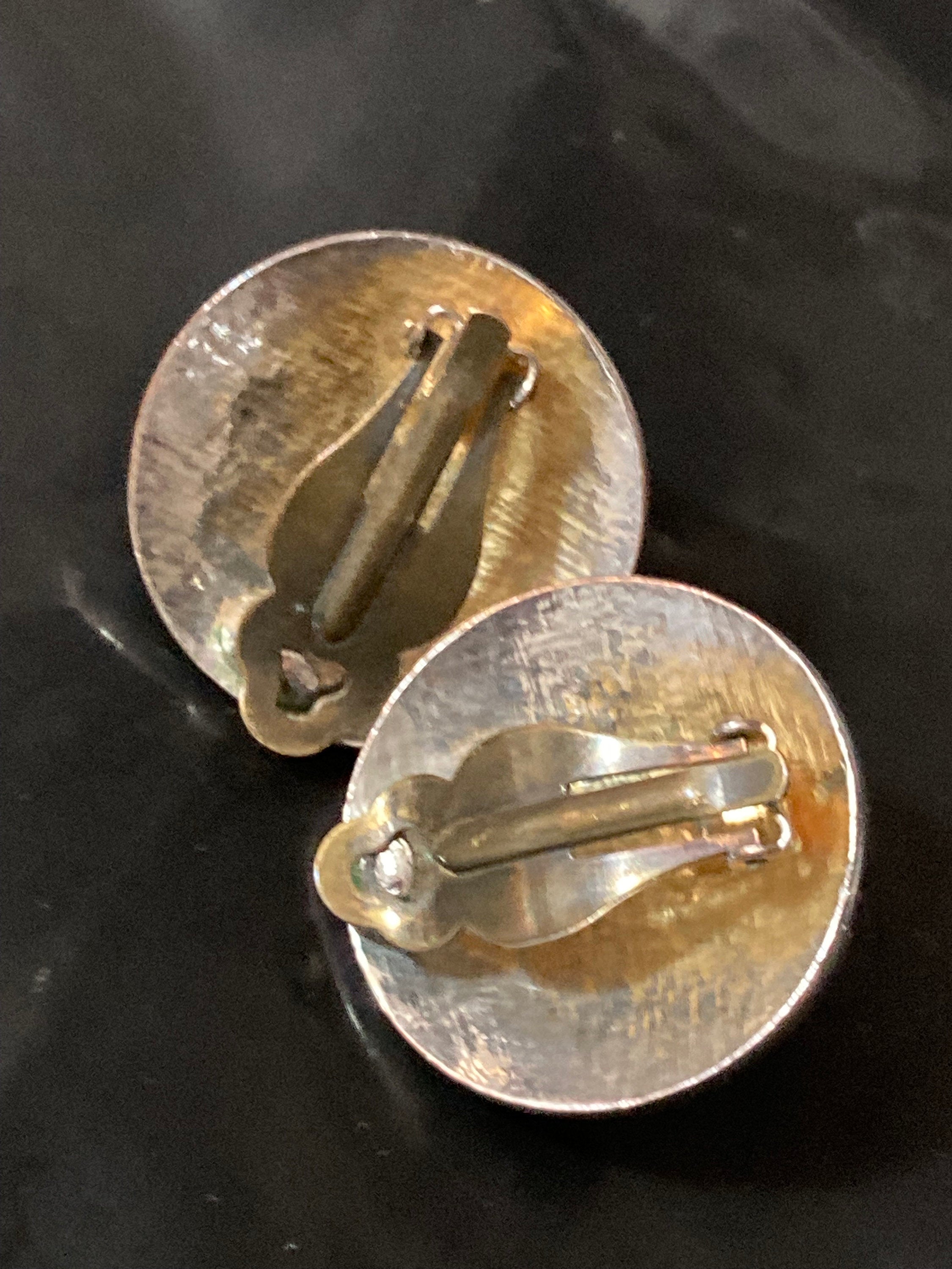 Retro silver & Gold tone black enamel and clear diamante paste clip on pearl earrings domed stud 1980s
