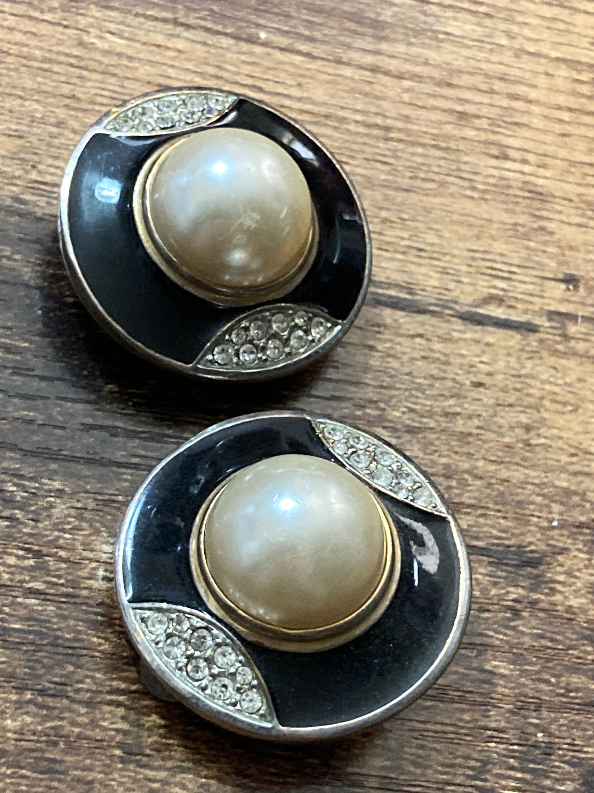 Retro silver & Gold tone black enamel and clear diamante paste clip on pearl earrings domed stud 1980s