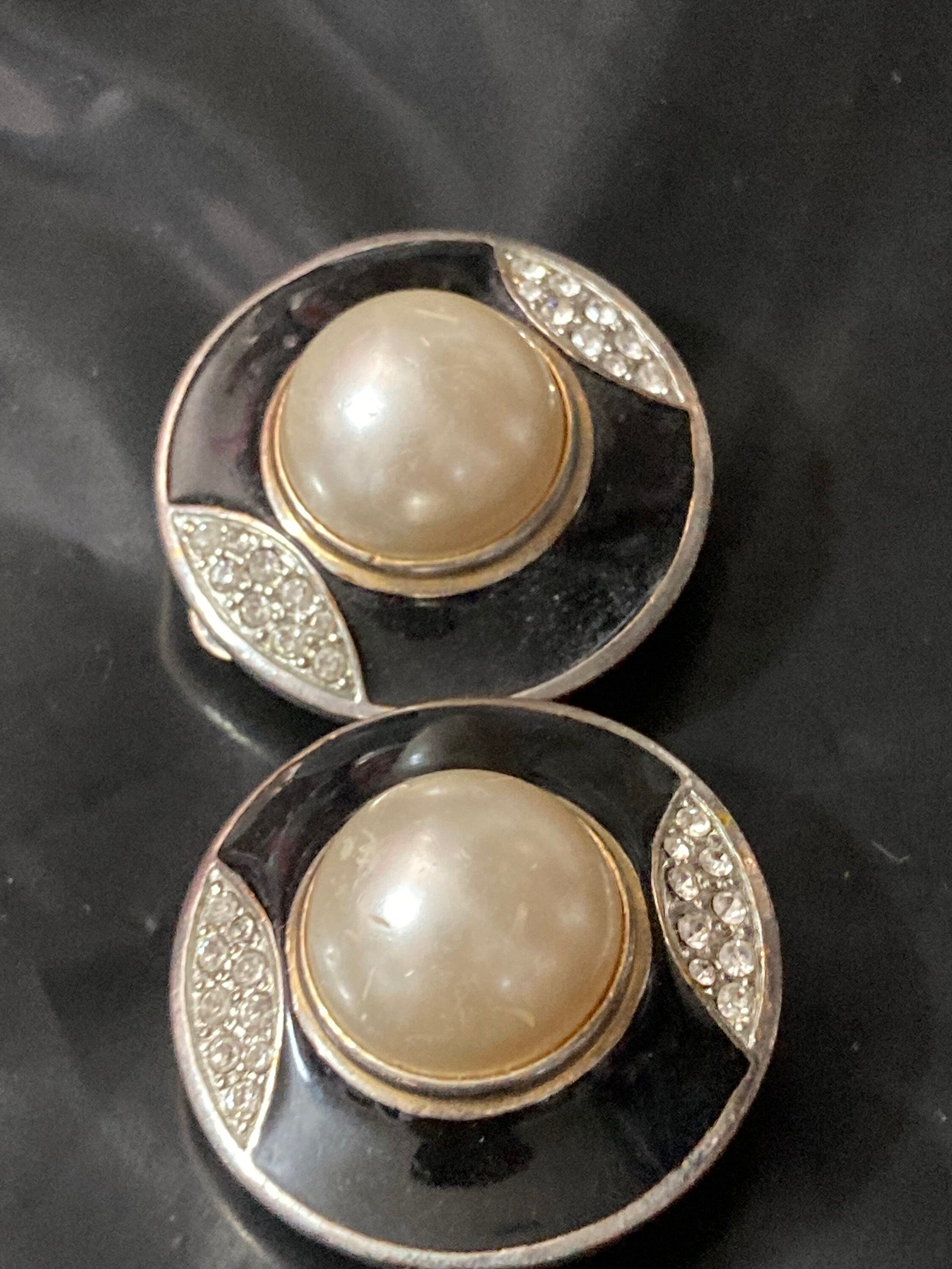 Retro silver & Gold tone black enamel and clear diamante paste clip on pearl earrings domed stud 1980s