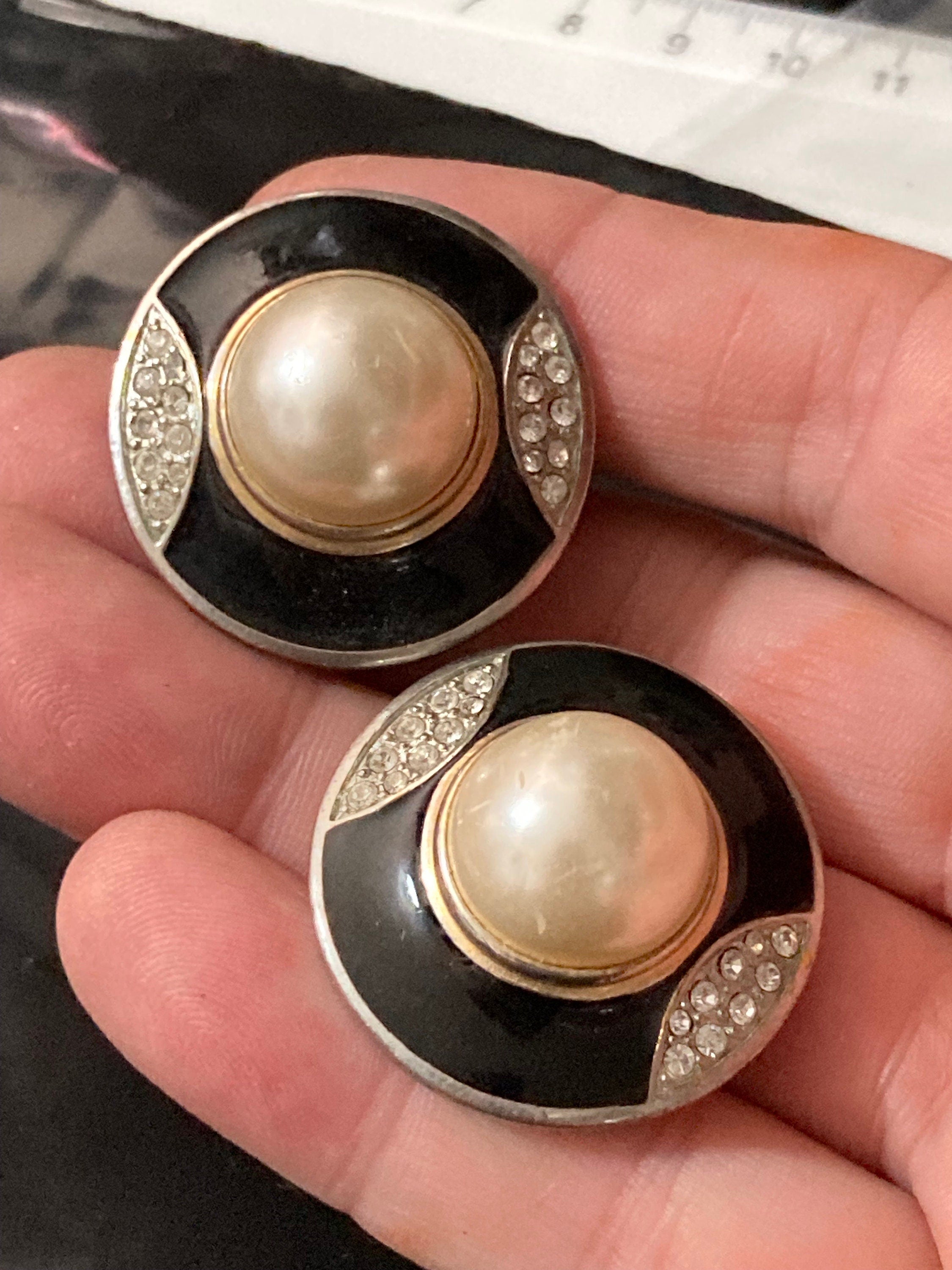 Retro silver & Gold tone black enamel and clear diamante paste clip on pearl earrings domed stud 1980s