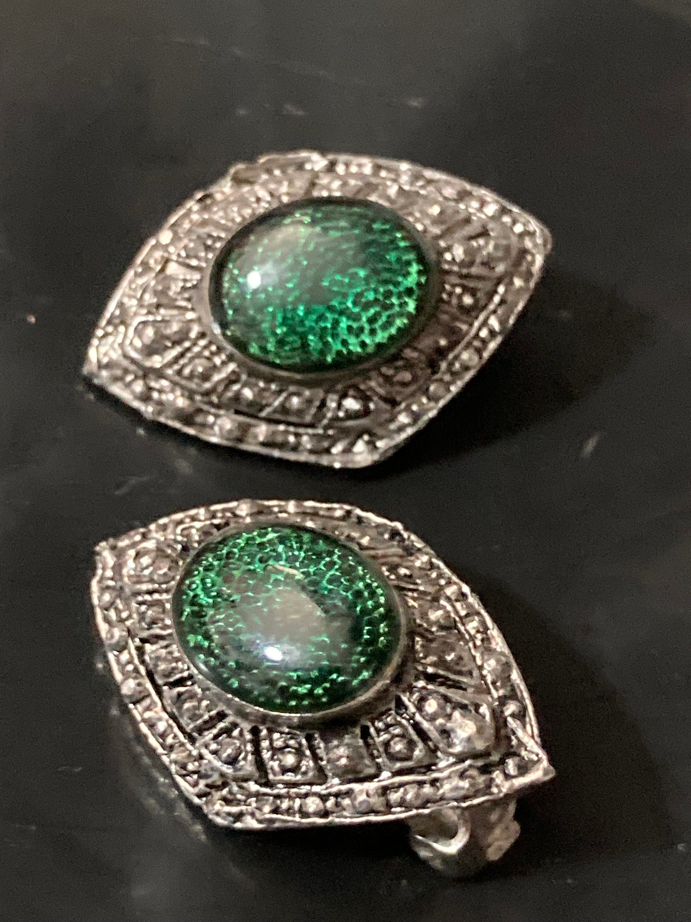 Czech filigree Clip on earrings with emerald green glass cabochon