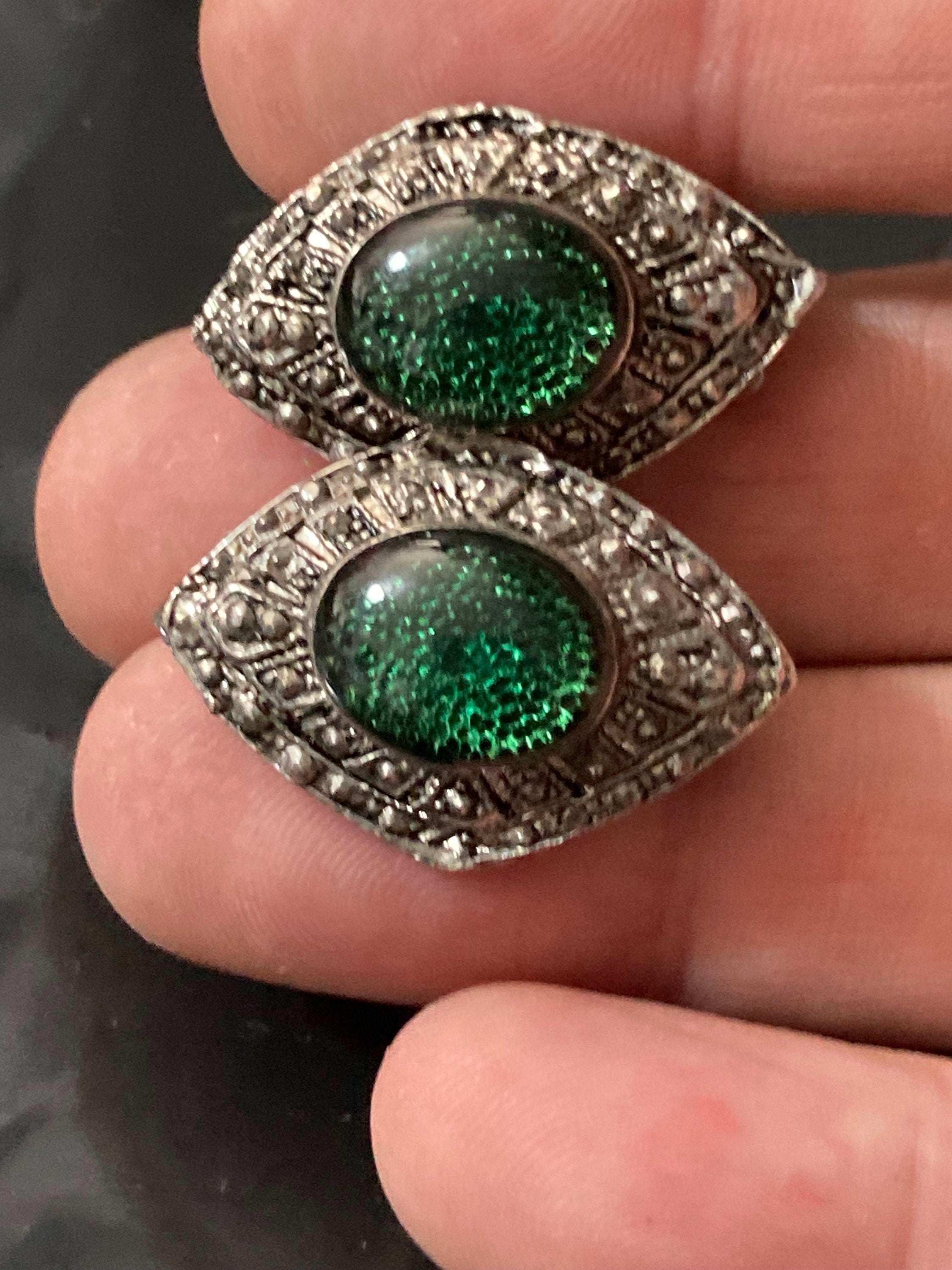 Czech filigree Clip on earrings with emerald green glass cabochon