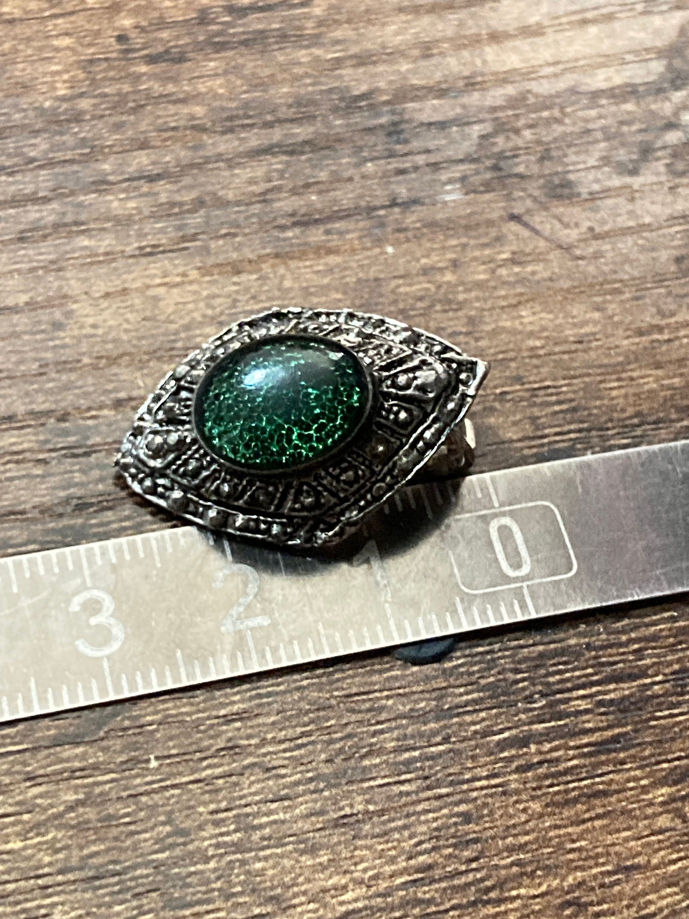Czech filigree Clip on earrings with emerald green glass cabochon